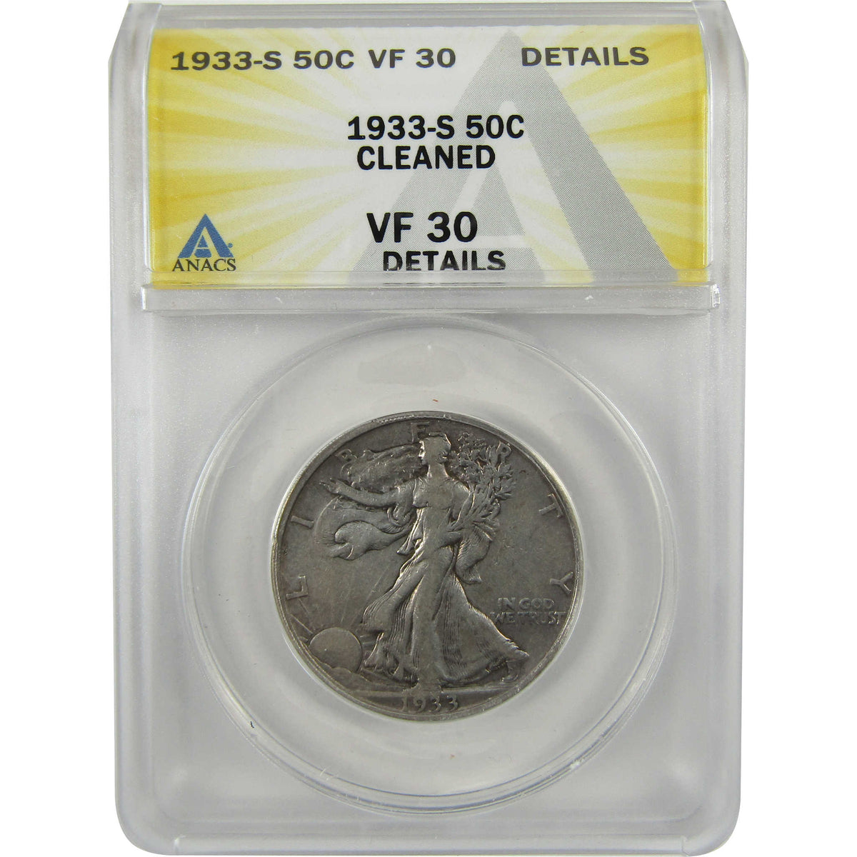 1933 S Liberty Walking Silver 50c VF 30 Details ANACS SKU:I28575