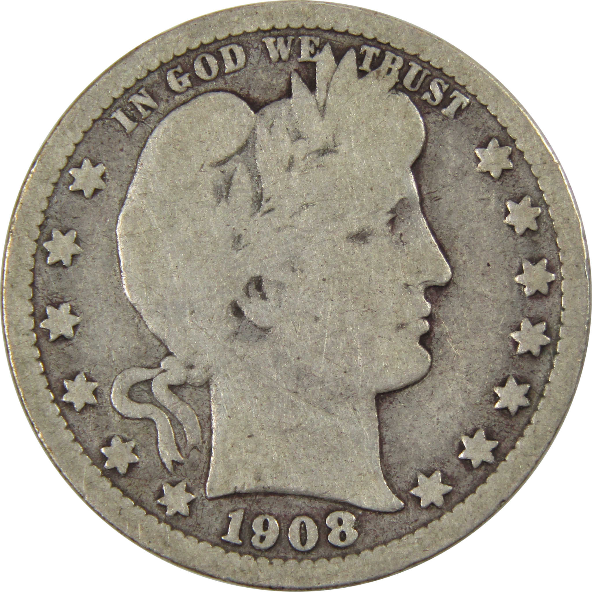 1908 S Barber Quarter G Good 90% Silver 25c Coin SKU:I8349