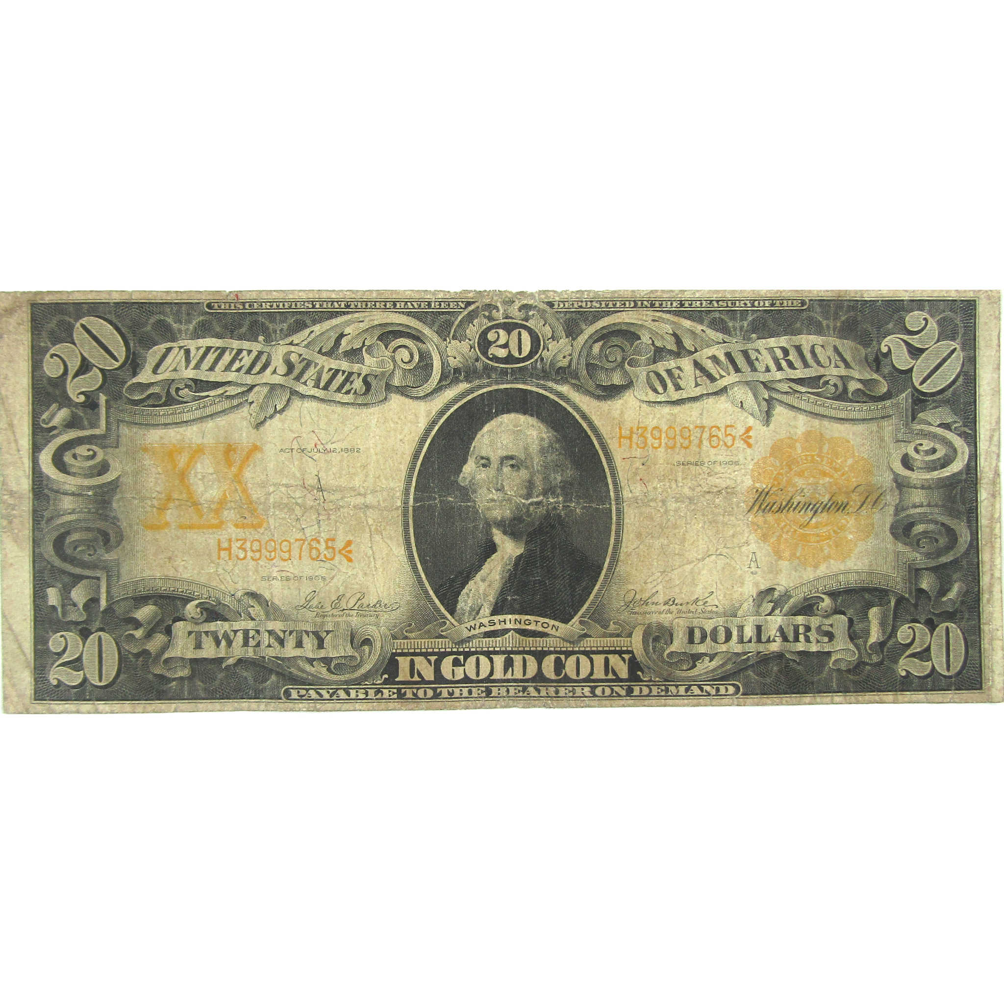 1906 $20 Large Size Gold Certificate FR1185 G/VG Good / Very Good