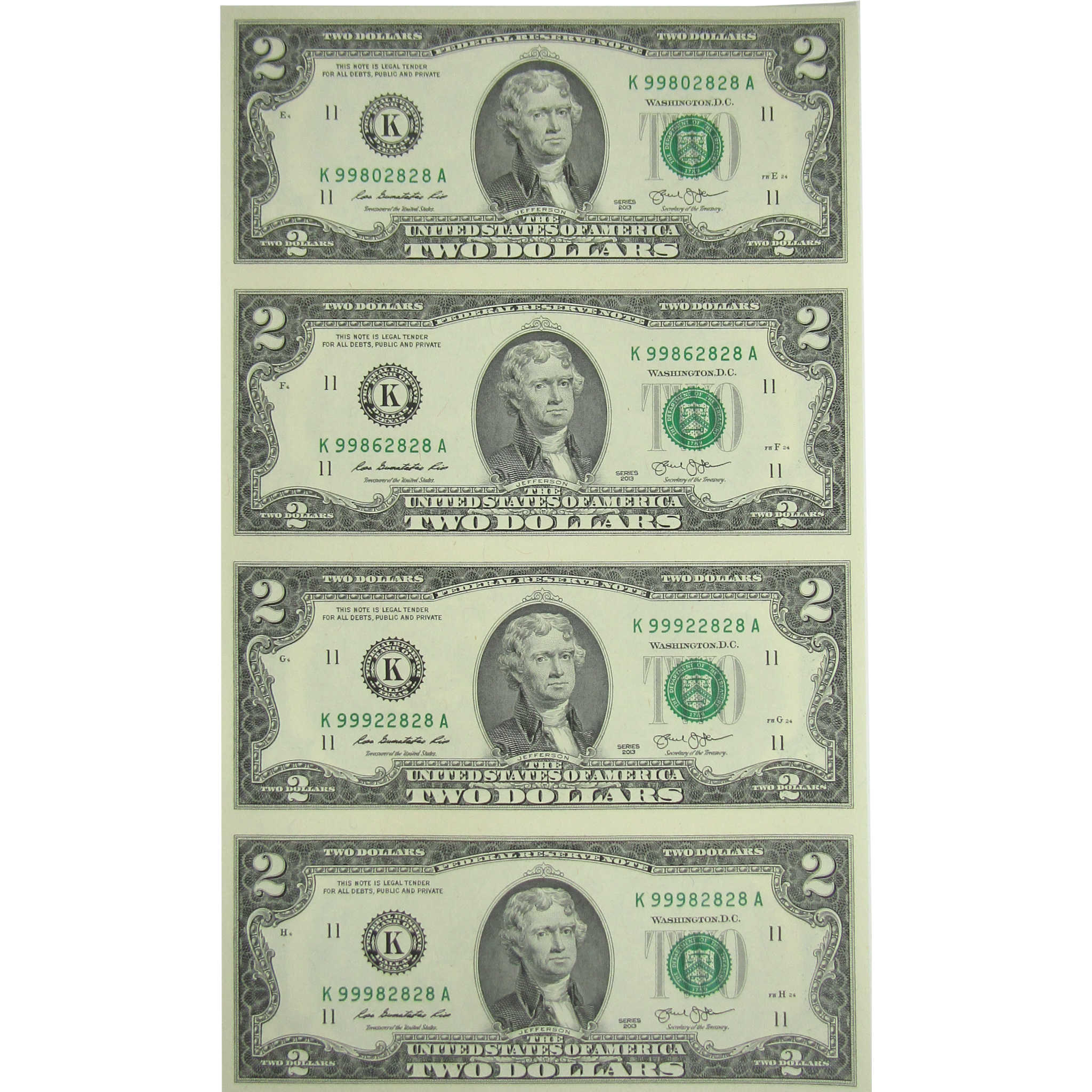 2013 $2 Federal Reserve 4 Note Uncut Sheet CCU OGP SKU:OPC200