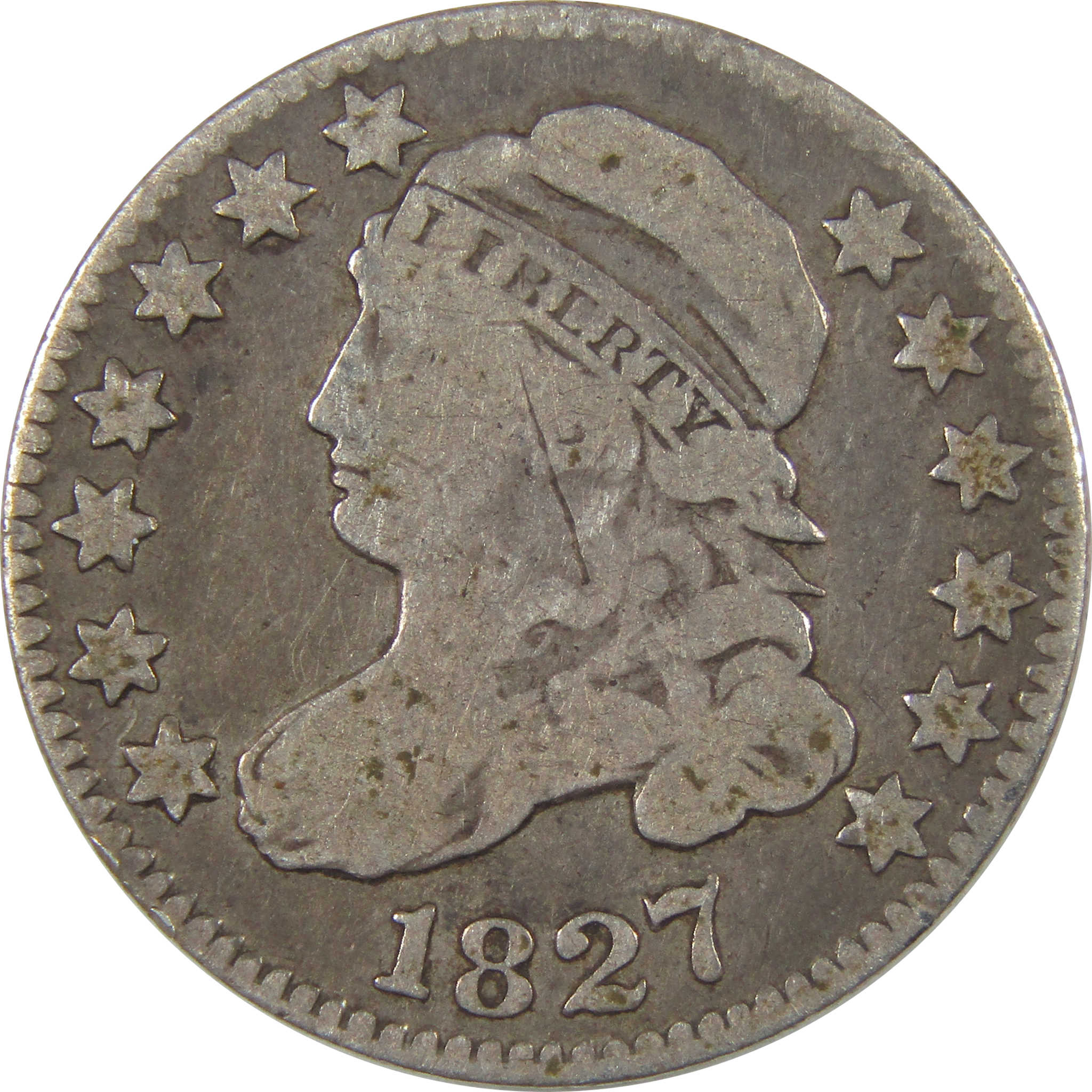 1827 Pointed Top Capped Bust Dime F Fine Silver 10c Coin SKU:I23834