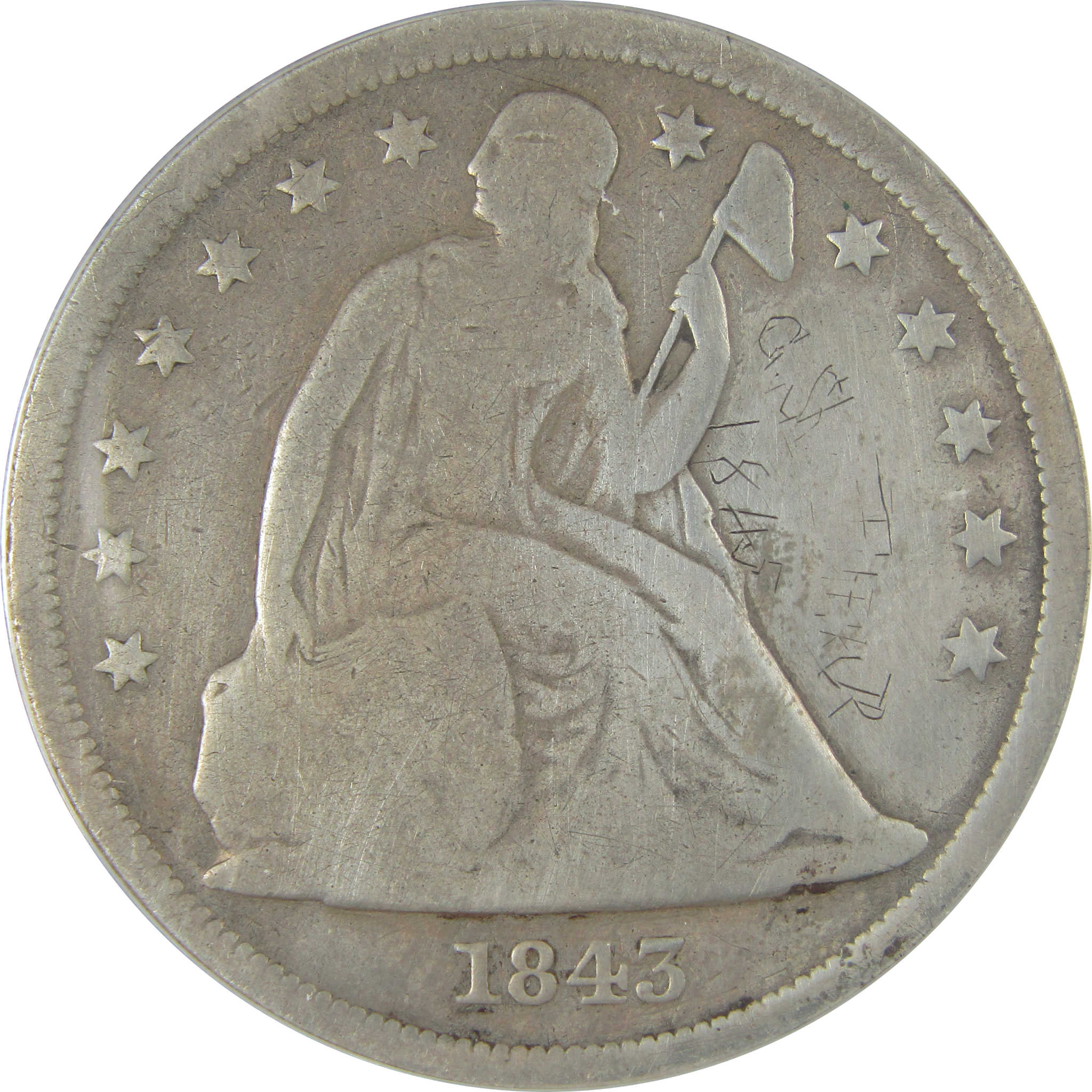 1843 Seated Liberty Dollar G 4 Details ANACS Silver $1 Coin SKU:I22974