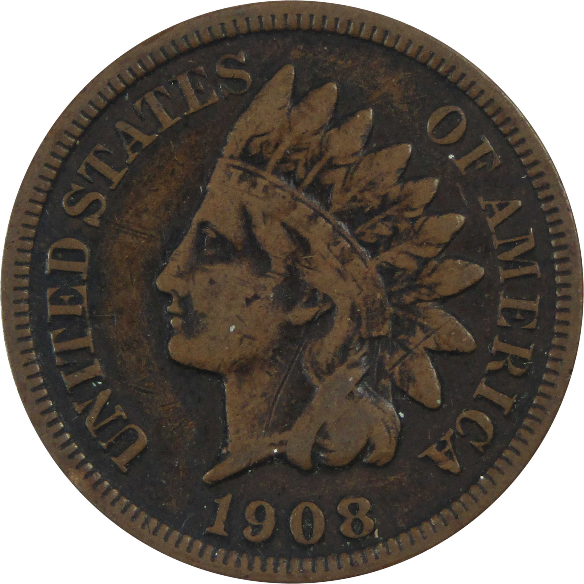 1908 S Indian Head Cent F Fine Penny 1c Coin SKU:I13464