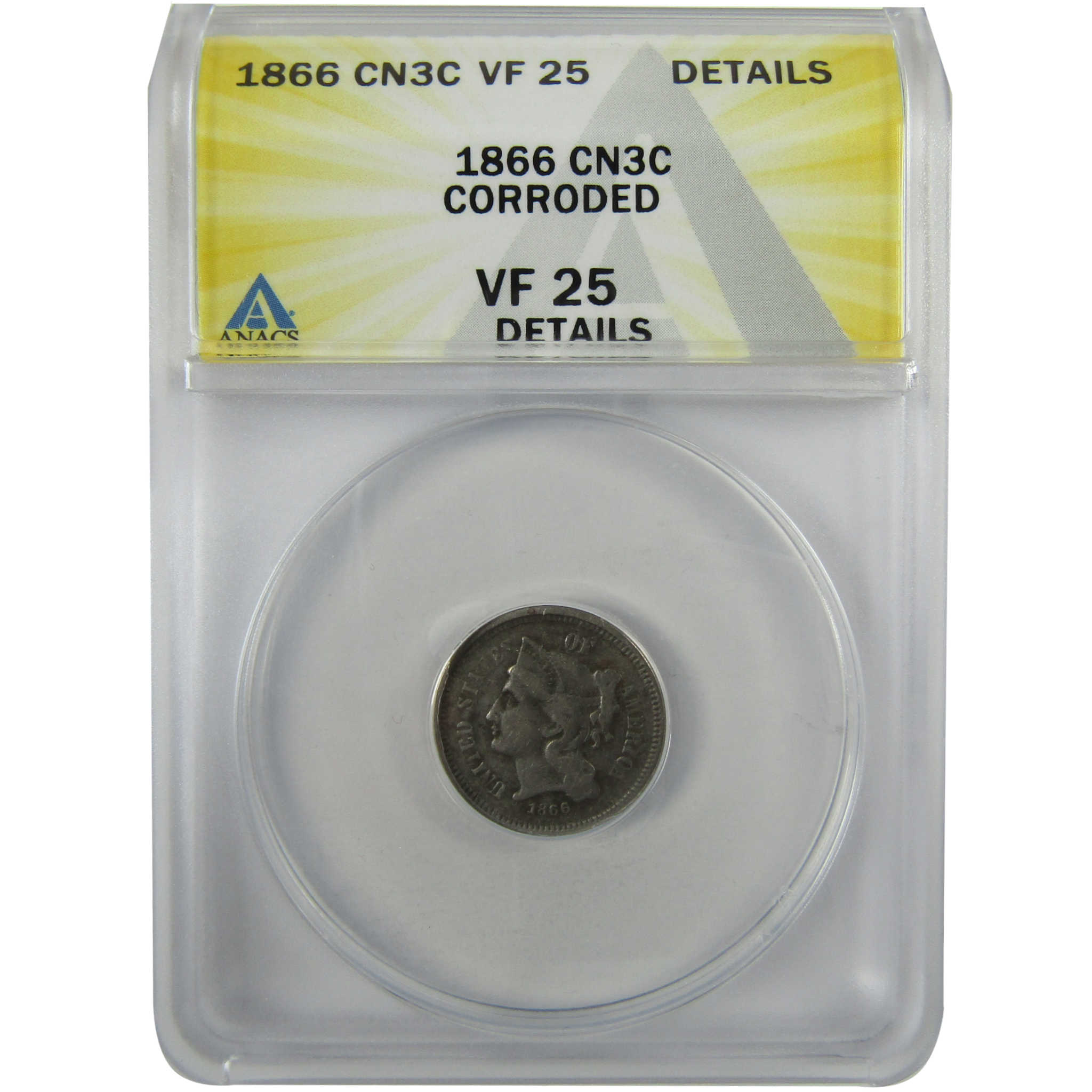 1866 Nickel Three Cent Piece VF 25 Details ANACS 3c Coin SKU:I27975