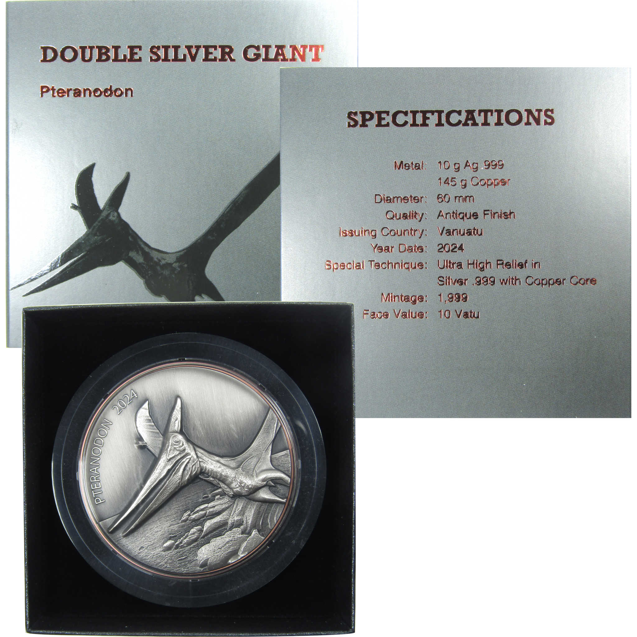 2024 Double Silver Giant Pteranodon 10 Vatu Bi-Metal High Relief Coin