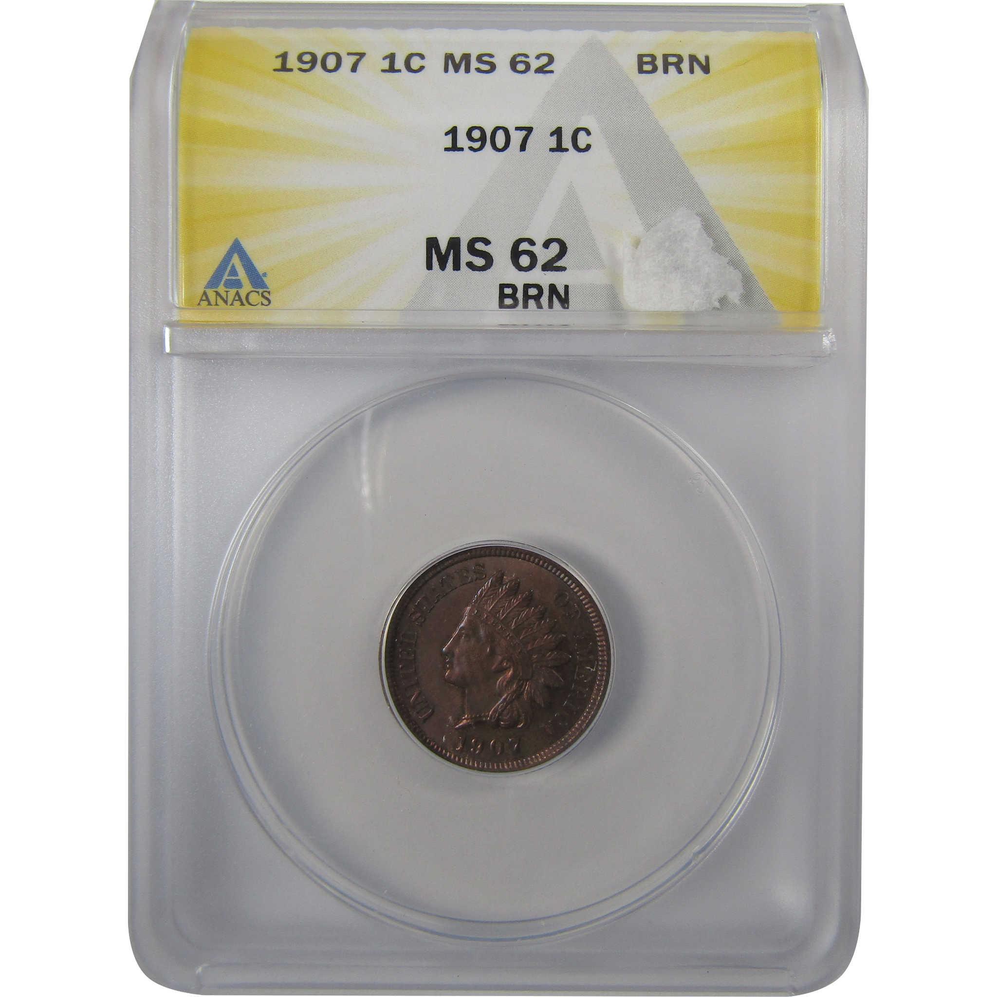 1907 Indian Head Cent MS 62 BN ANACS Penny Uncirculated SKU:I24910