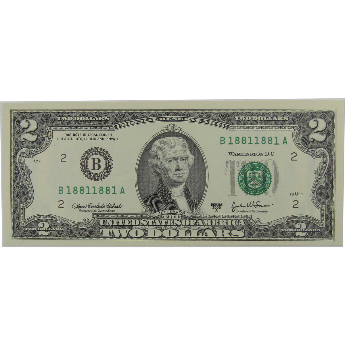2003 A $2 Federal Reserve Binary Radar Repeater Note Uncirculated