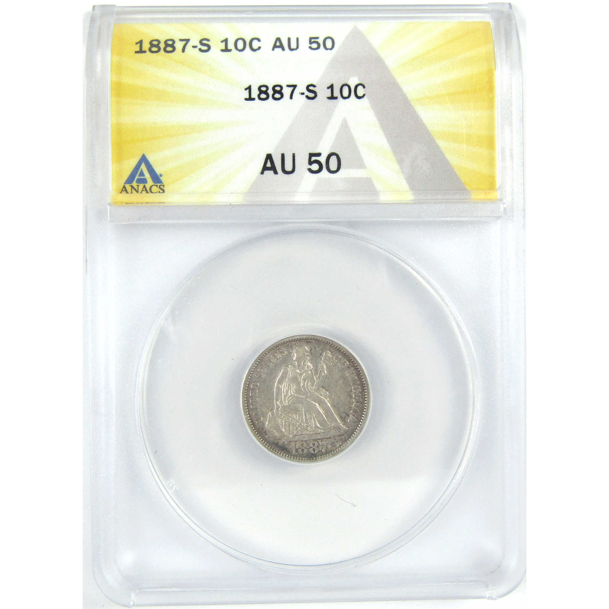 1887 S Seated Liberty Dime AU 50 ANACS Silver 10c Coin SKU:I16302