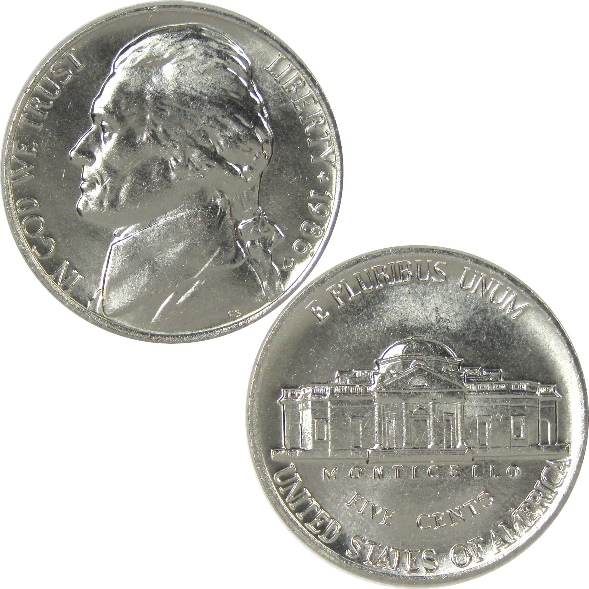 1986 D Jefferson Nickel Uncirculated 5c Coin