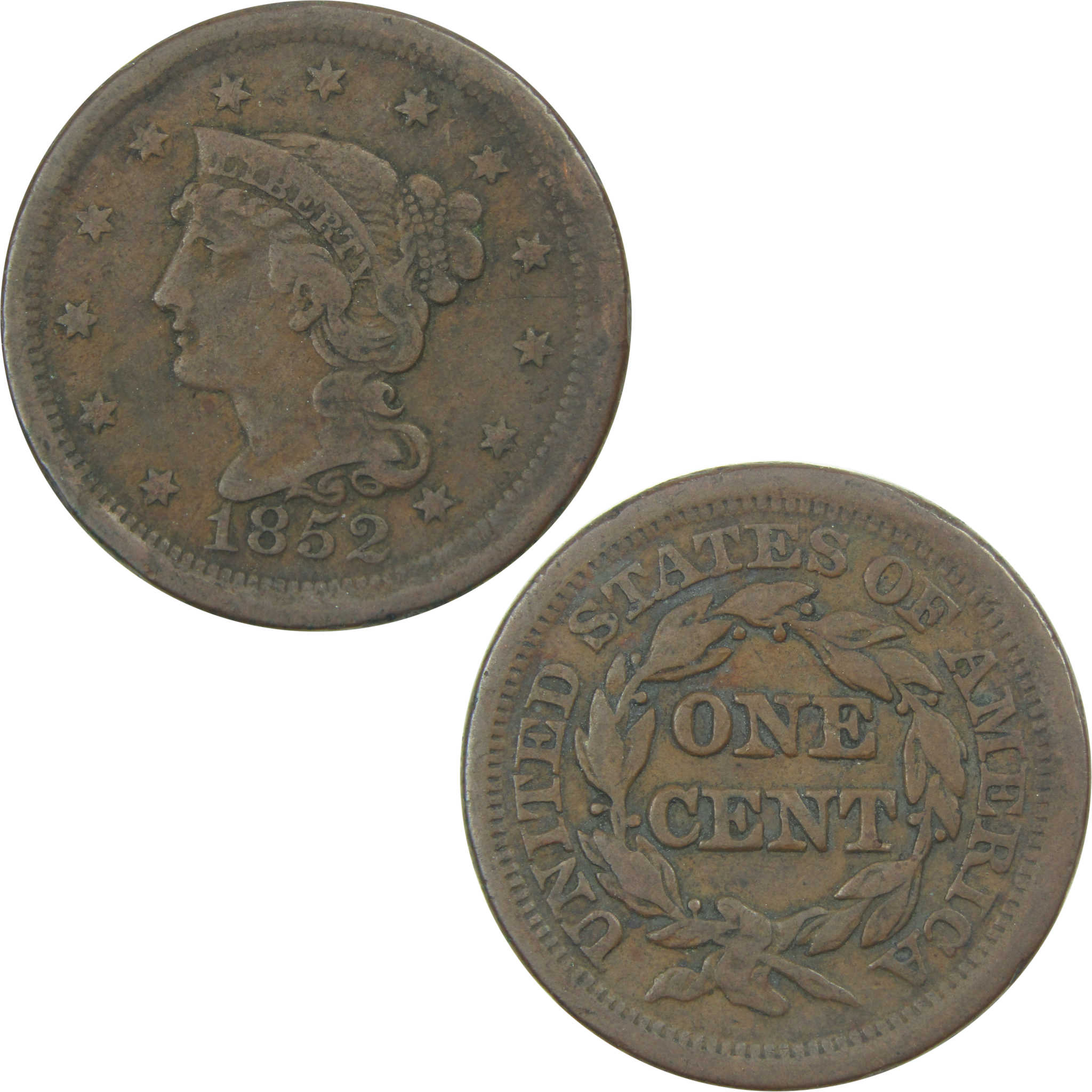 1852 Braided Hair Large Cent F Fine Copper Penny 1c Coin SKU:I15245