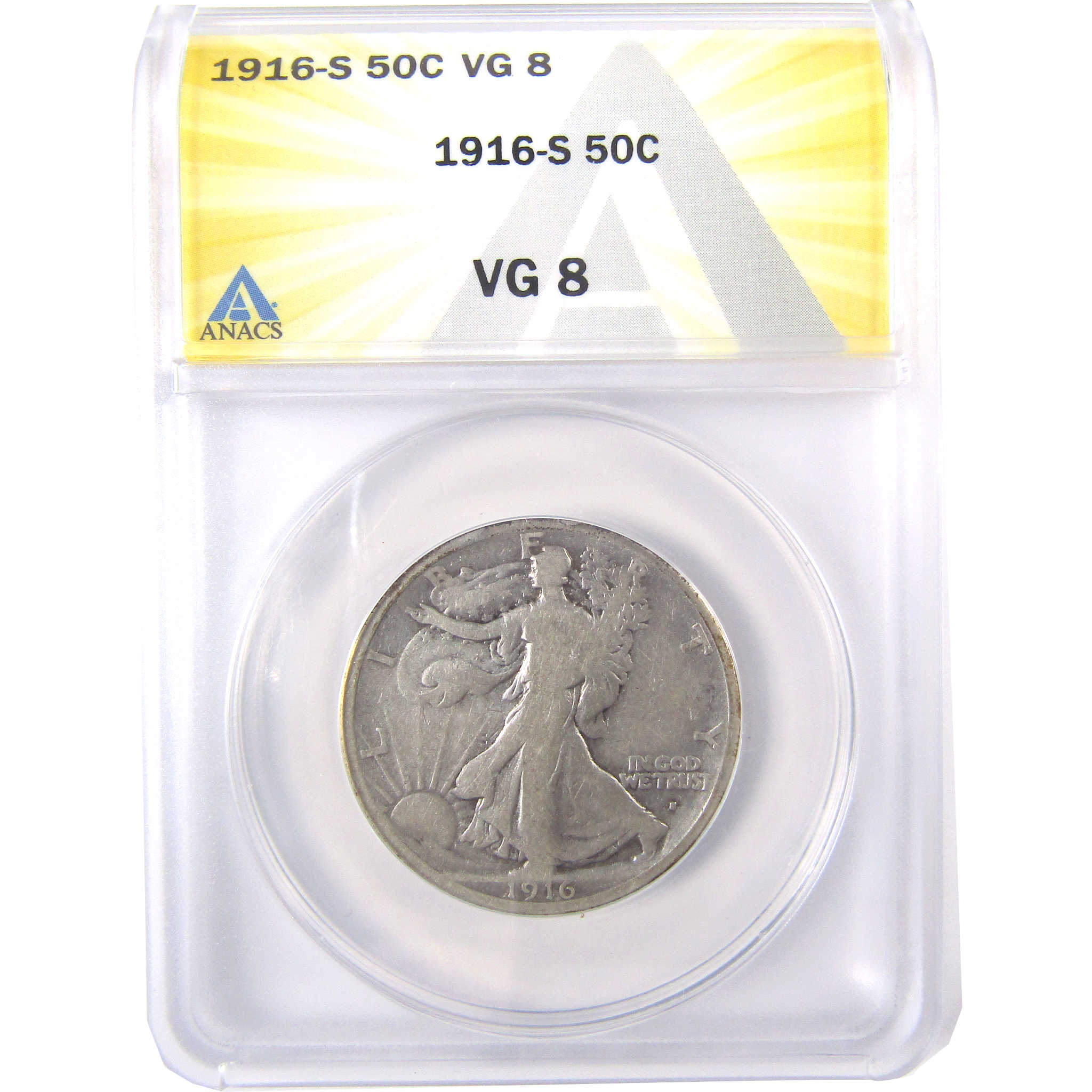 1916 S Liberty Walking Half Dollar VG 8 ANACS Silver 50c SKU:I17439