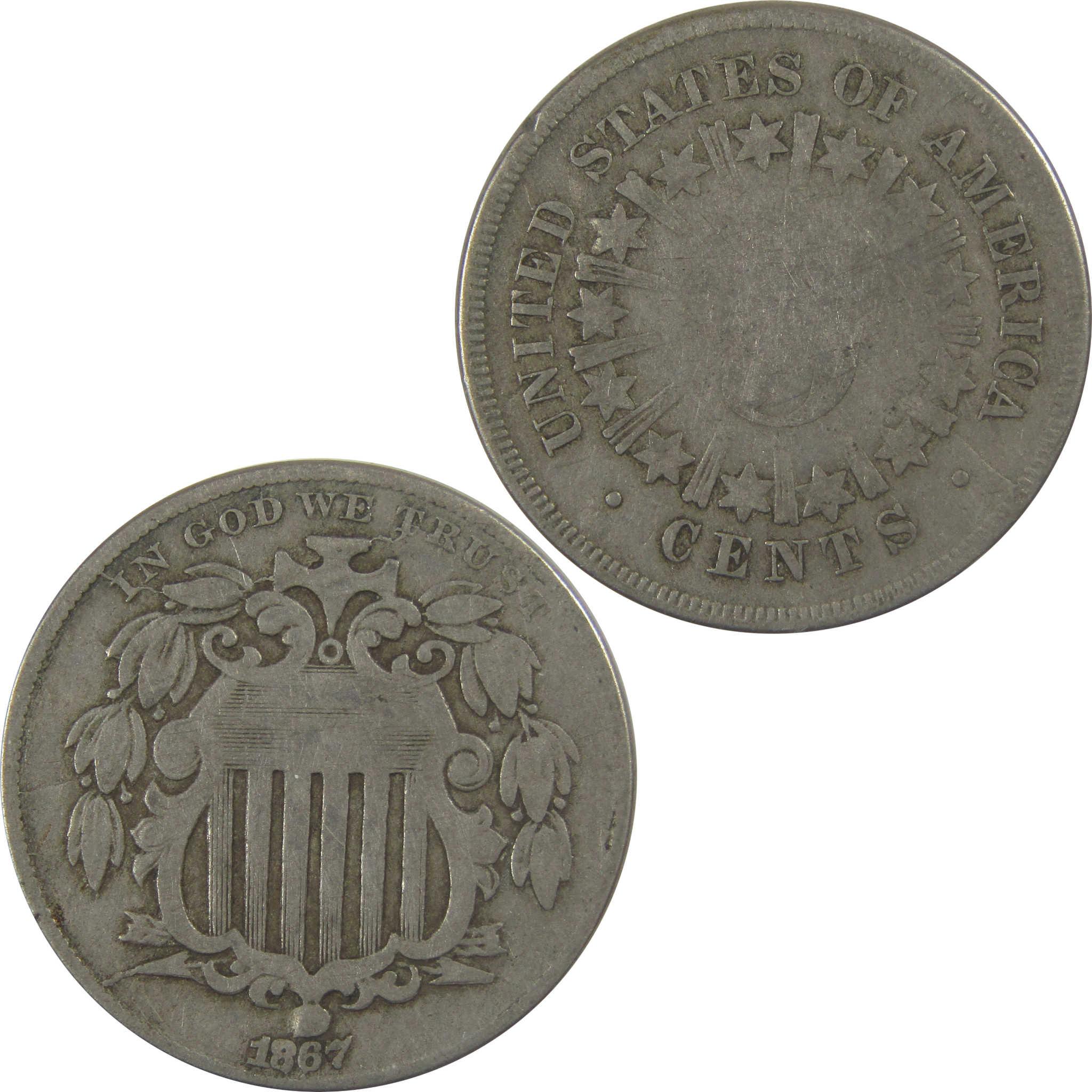 1867 Rays Shield Nickel VG Very Good 5c Coin SKU:I24576