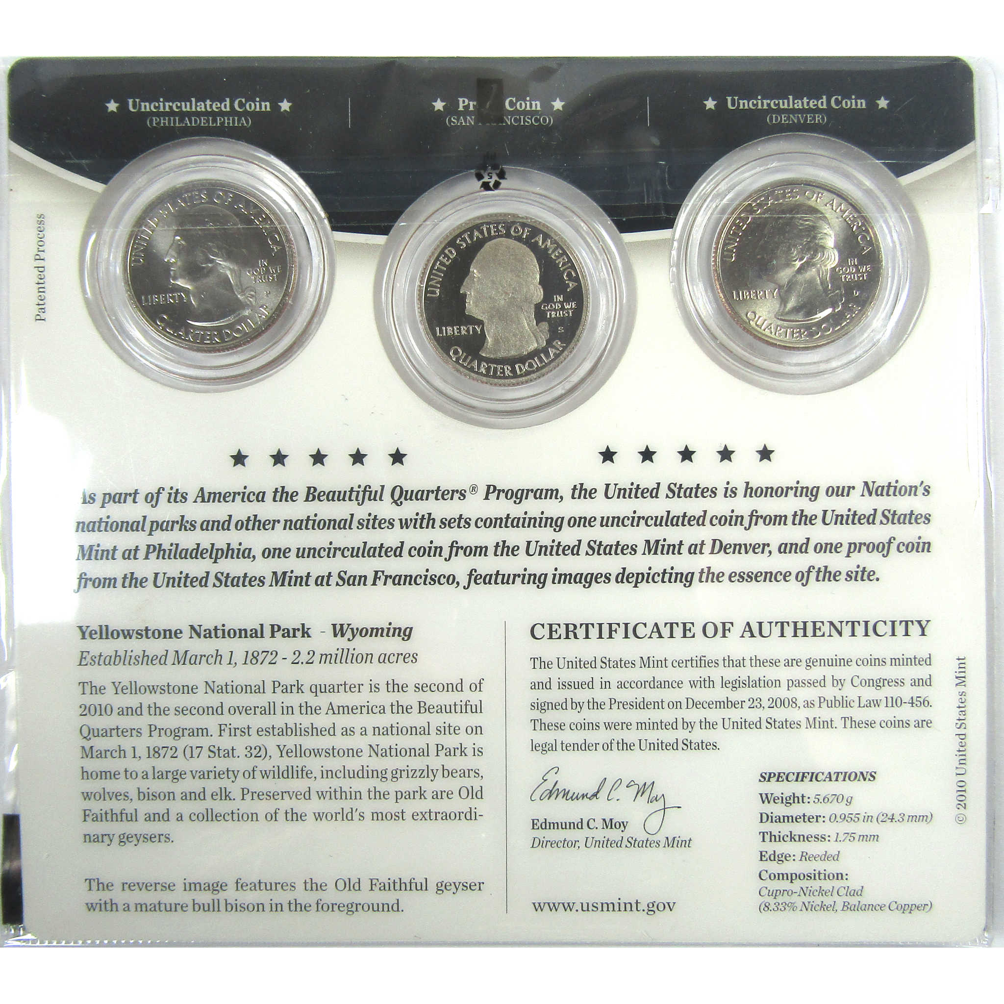 2010 P D S Yellowstone NP National Park 25c 3 Piece Set SKU:CPC9001