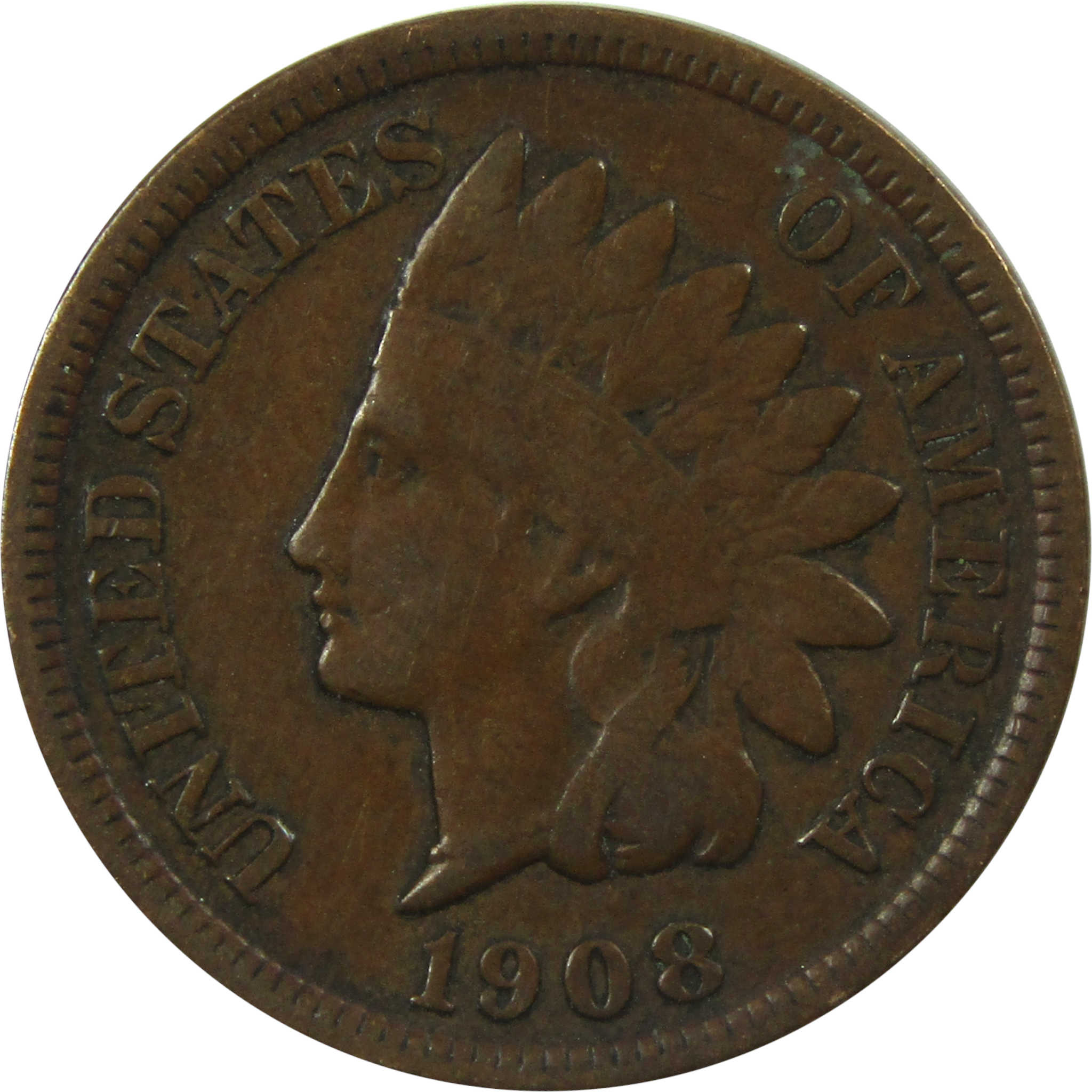 1908 S Indian Head Cent F Fine Details Penny 1c Coin SKU:I13642