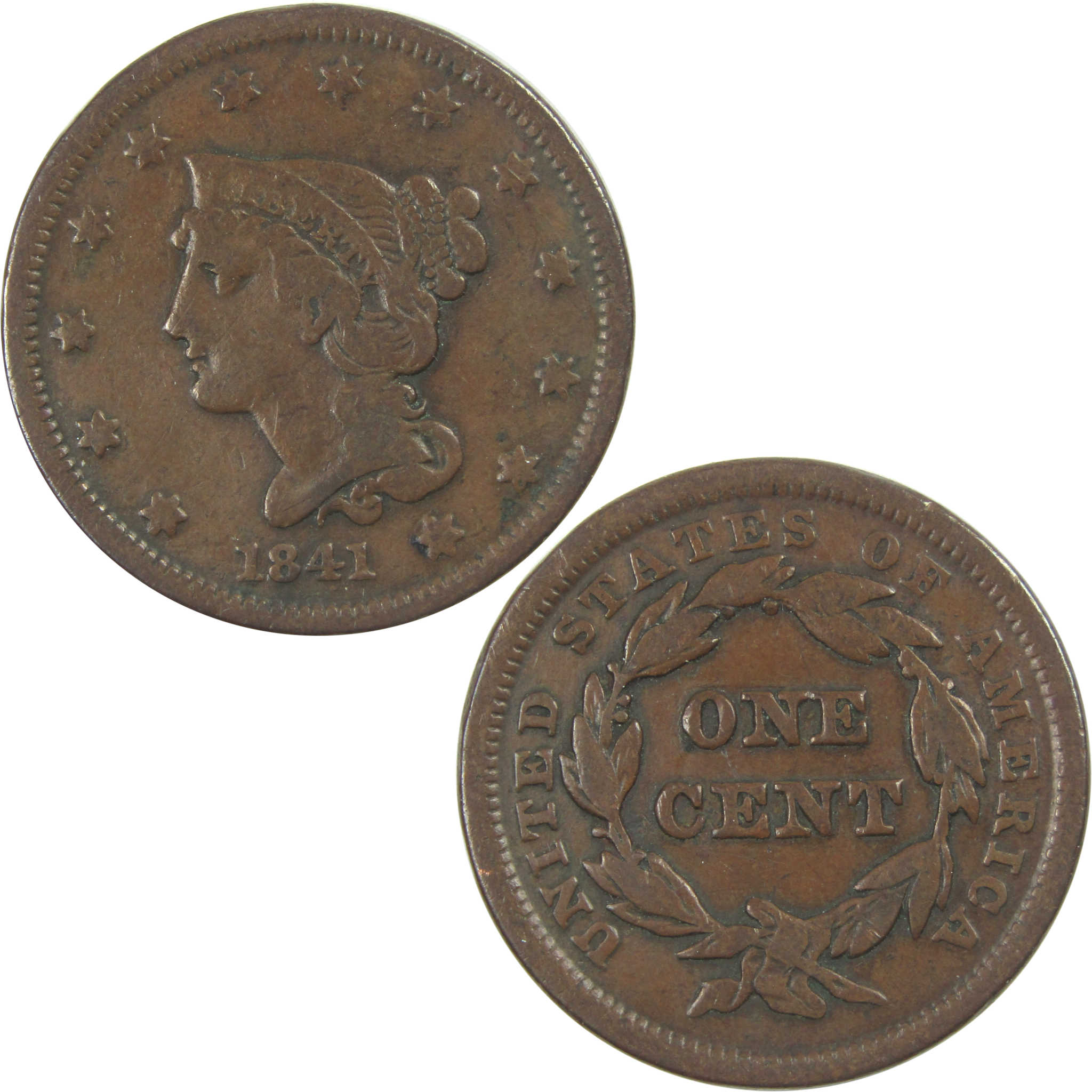 1841 Braided Hair Large Cent F Fine Copper Penny 1c Coin SKU:I15348