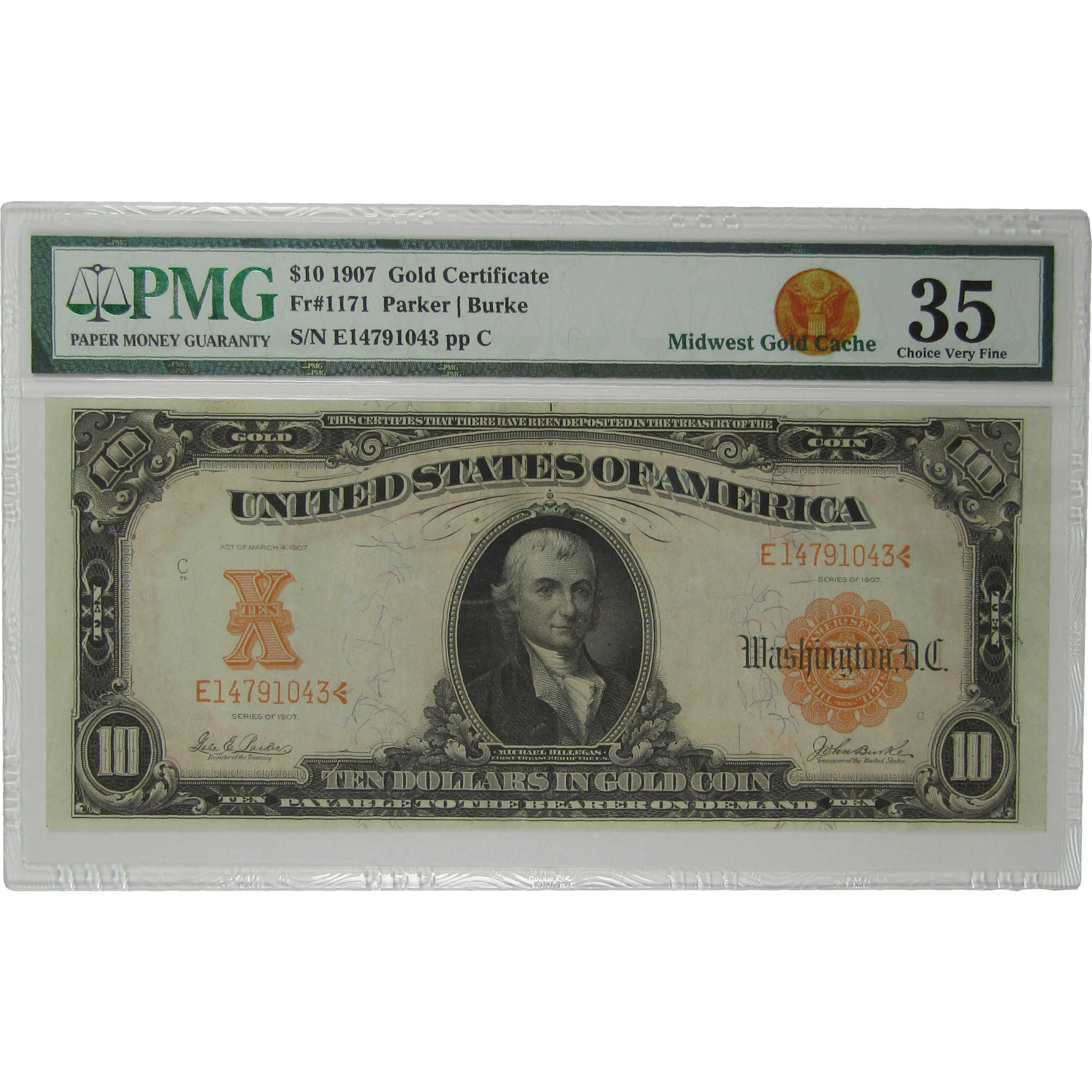 1907 $10 Large Size Gold Certificate Fr 1171 Choice Very Fine 35 PMG