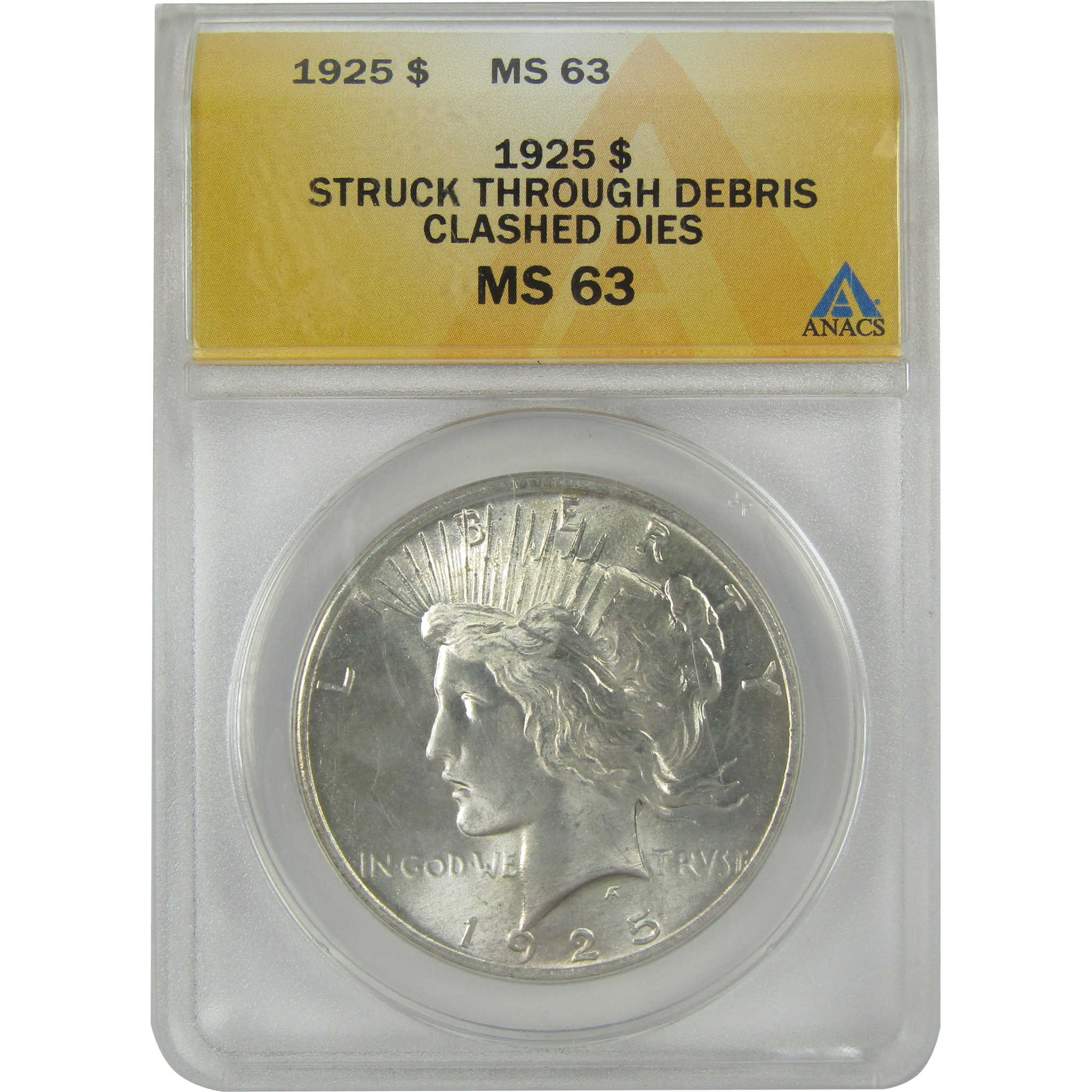 1925 Peace Dollar MS 63 ANACS Silver Struck Through Debris SKU:I16387