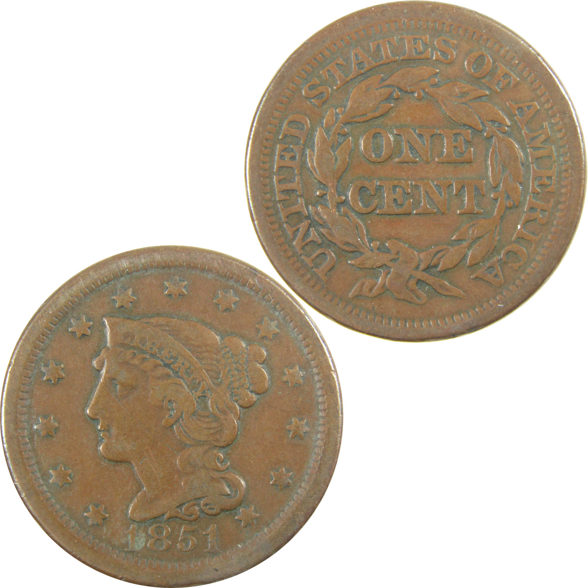 1851 Braided Hair Copper Large Cent F Fine Details Penny SKU:I28214