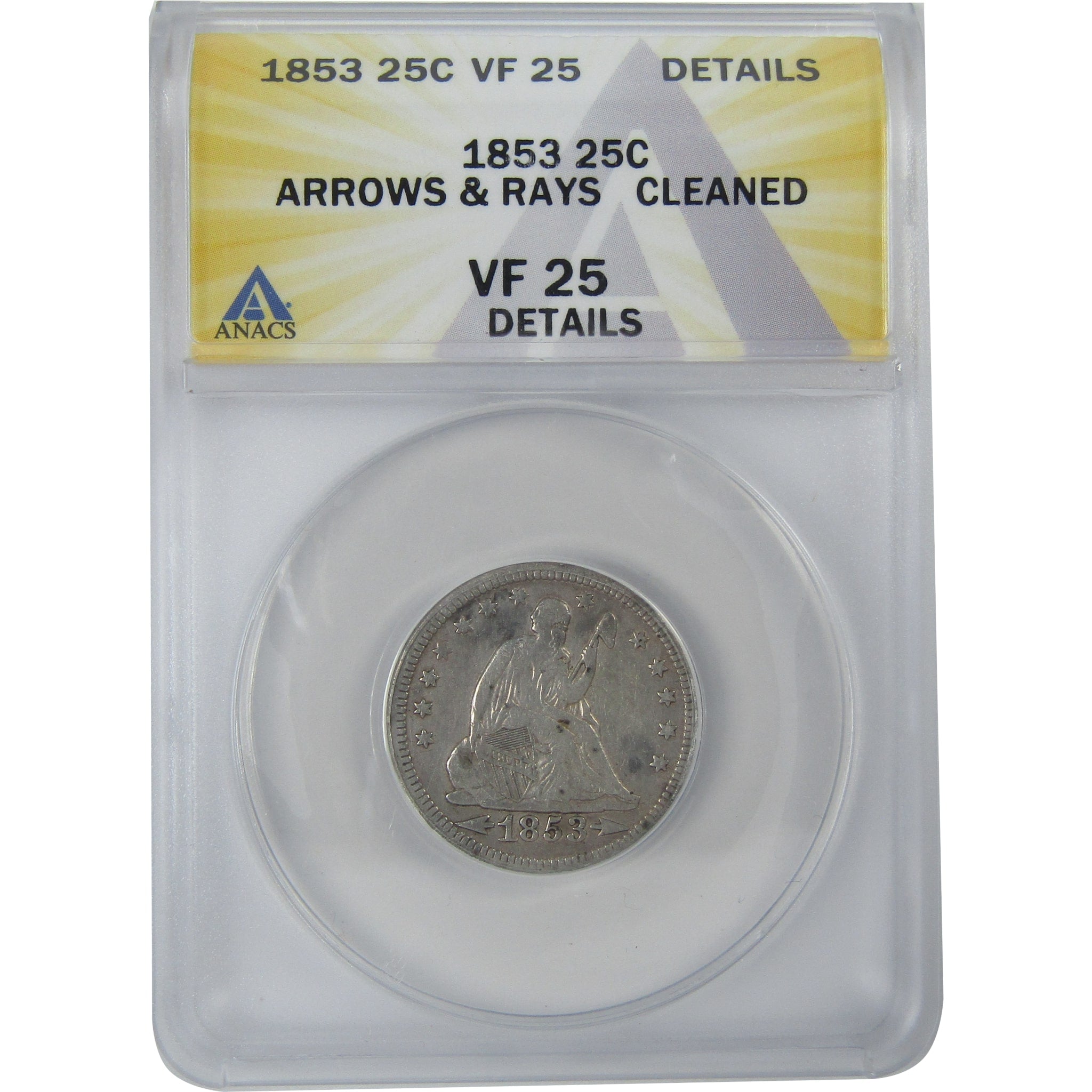 1853 Arrows Rays Seated Liberty Quarter VF 25 Details ANACS SKU:I16153