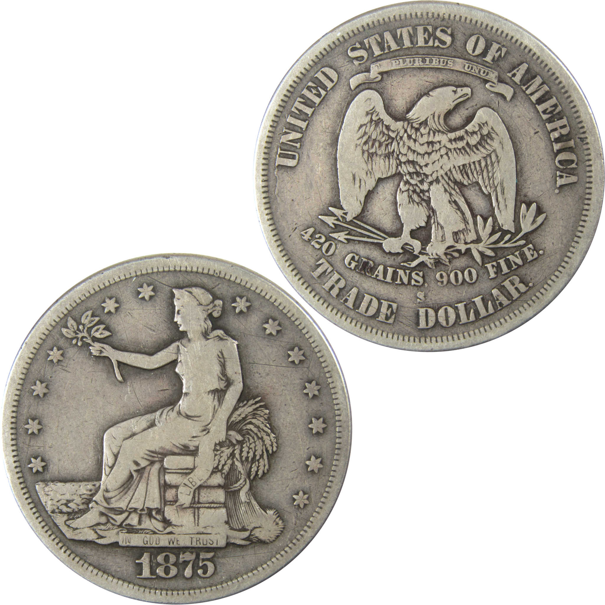 1875 S Trade Silver Dollar F Fine $1 Coin Collectible SKU:I25907