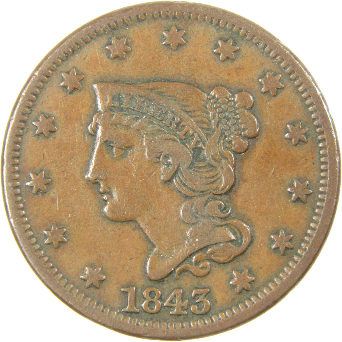 1843 Petite Head Small Letters Braided Hair Copper 1c VF Very Fine