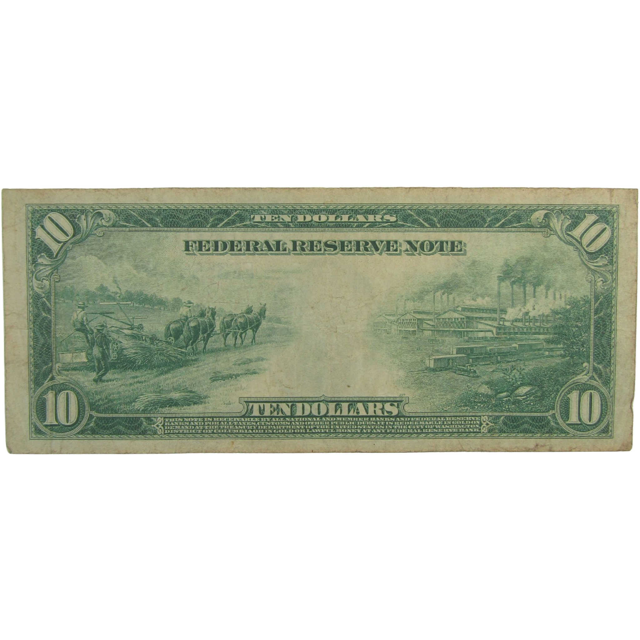 1914 $10 Large Size Federal Reserve Note Fr 921 F Fine Currency