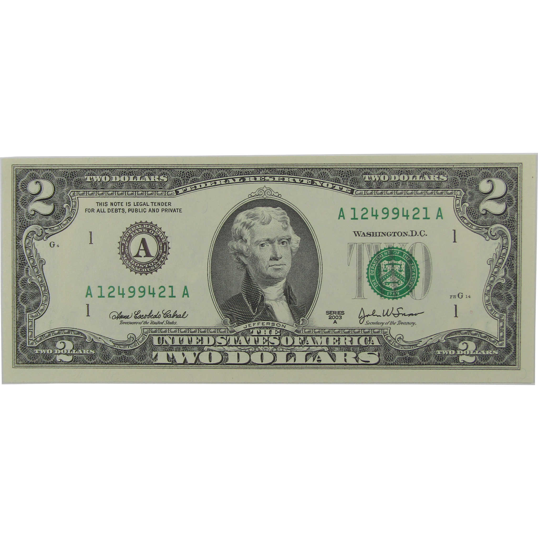 2003 A $2 Federal Reserve Radar Note CCU Choice Crisp Uncirculated