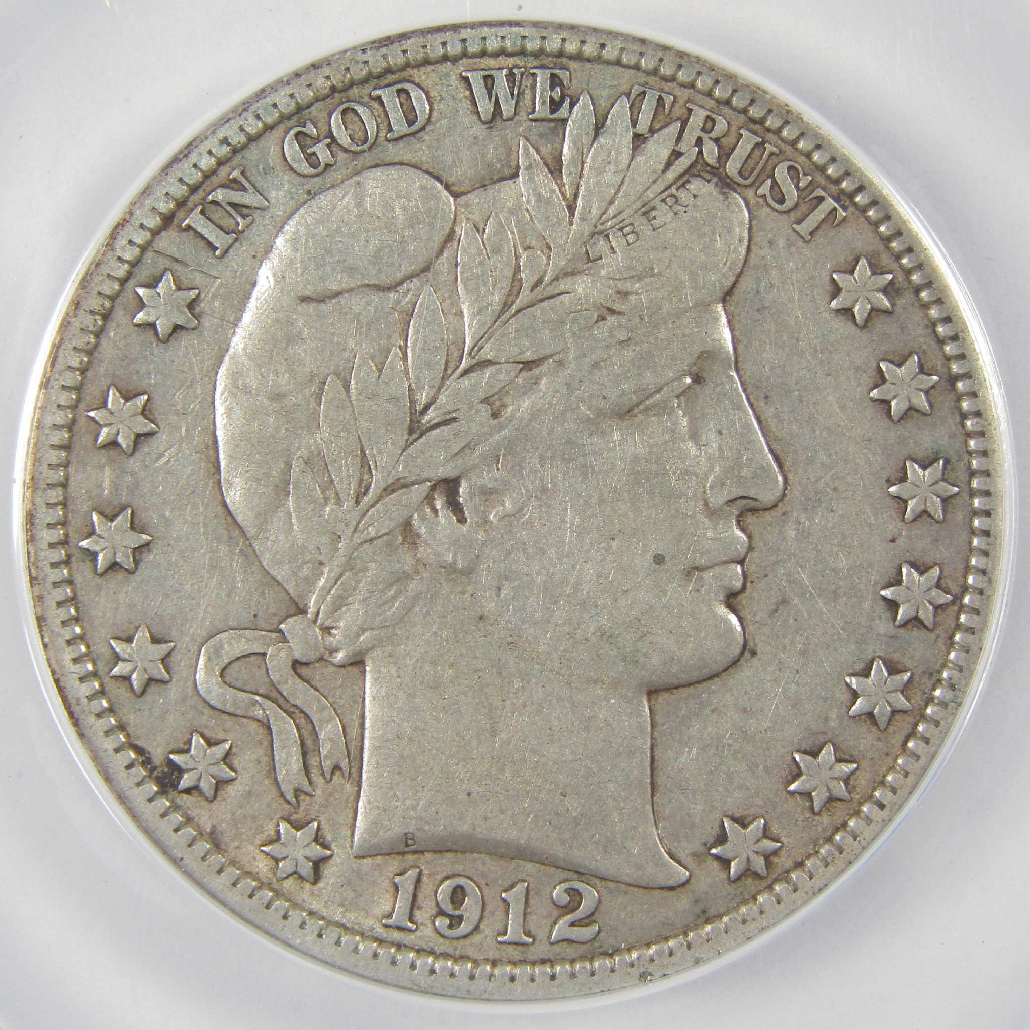 1912 D Barber Silver Half Dollar VF 20 ANACS 50c Coin Collectible