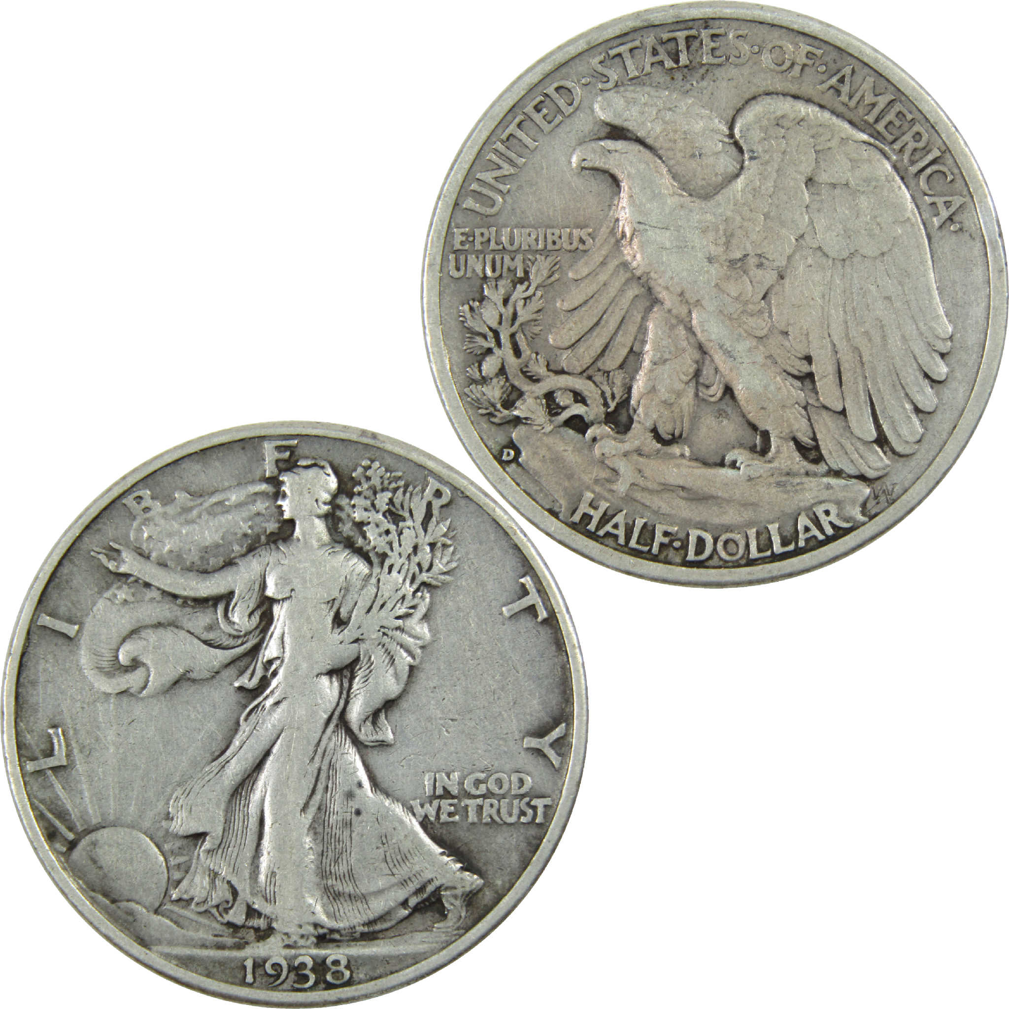 1938 D Liberty Walking Half Dollar F Fine Silver 50c Coin SKU:I12355