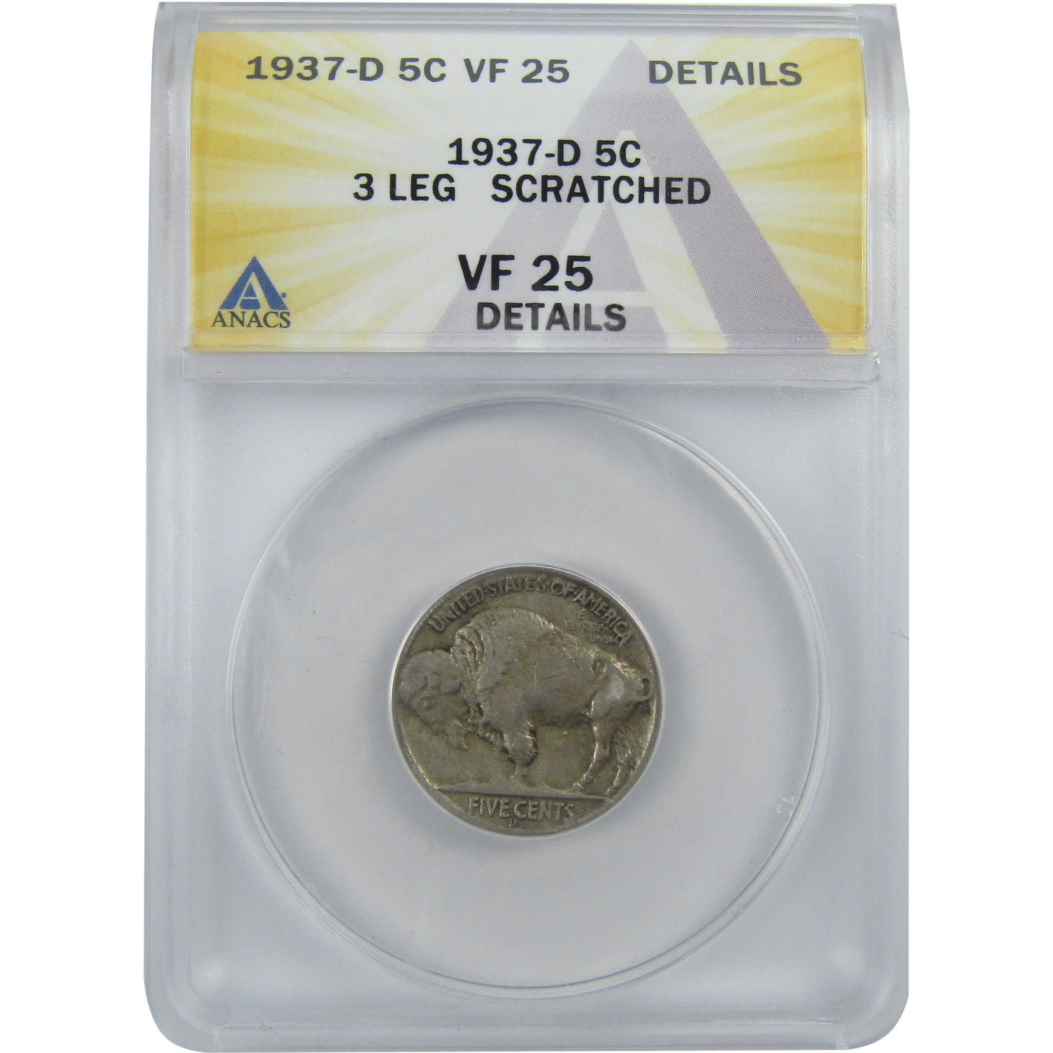 1937 D 3 Legs Indian Head Buffalo Nickel VF 25 Details SKU:CPC8969