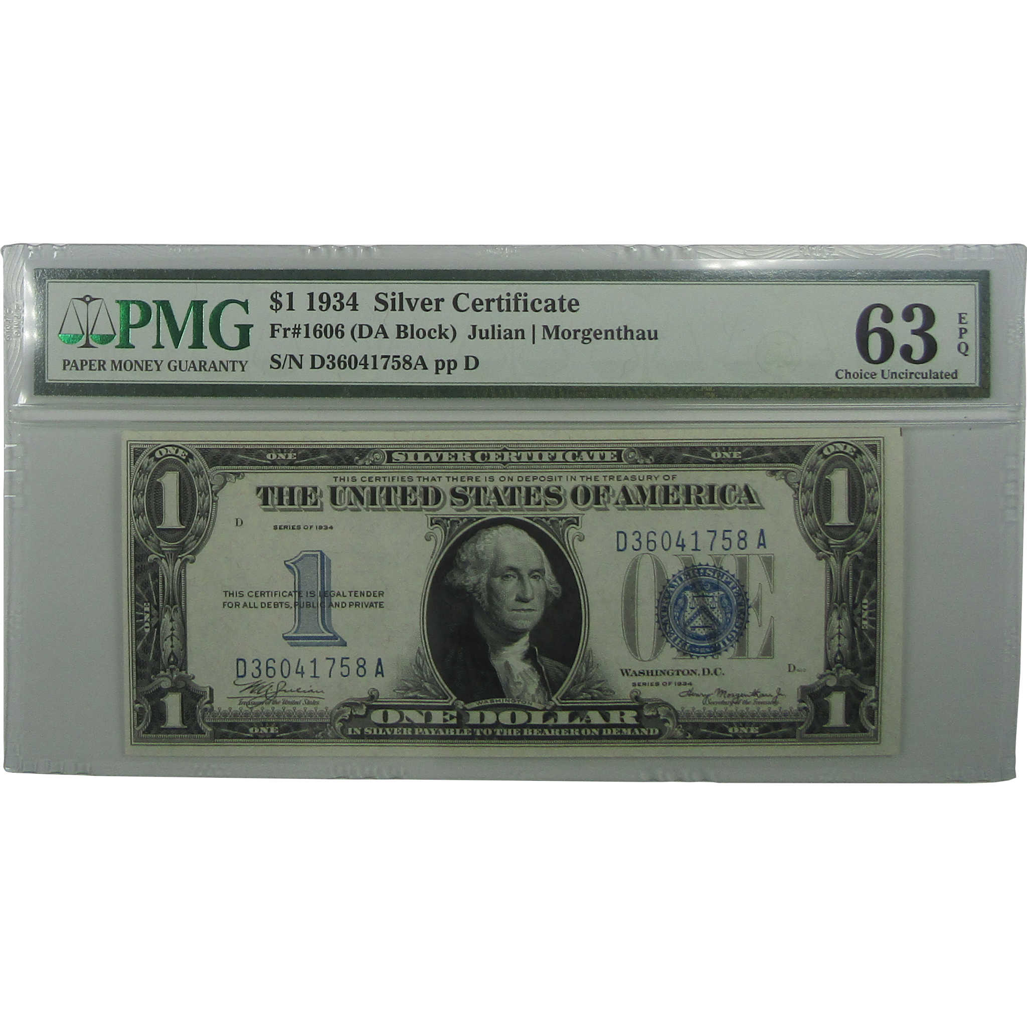 1934 $1 Silver Certificate Fr 1606 Funnyback Choice Unc 63 EPQ PMG