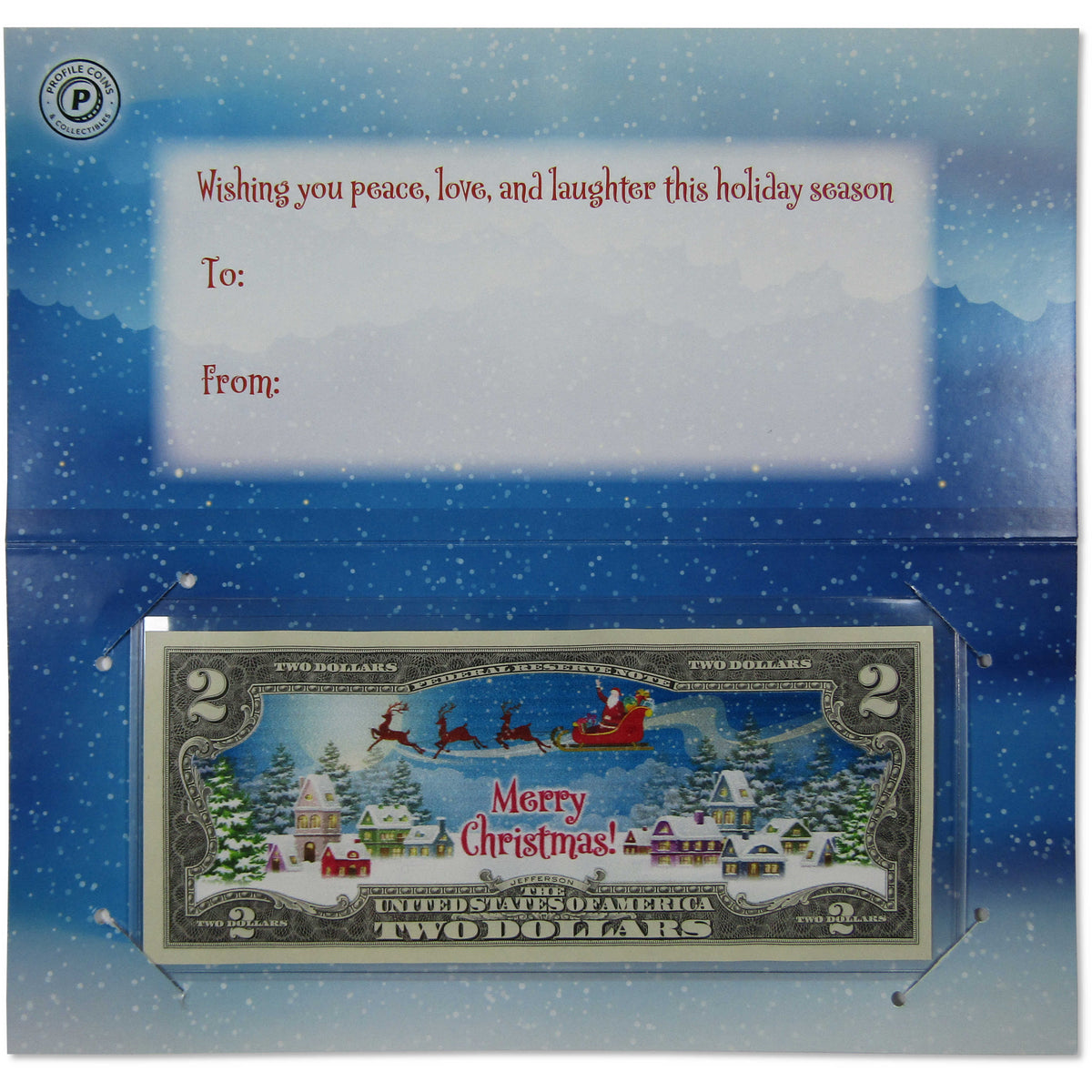 Santa's Sleigh Colorized $2 Federal Reserve Note Merry Christmas Card