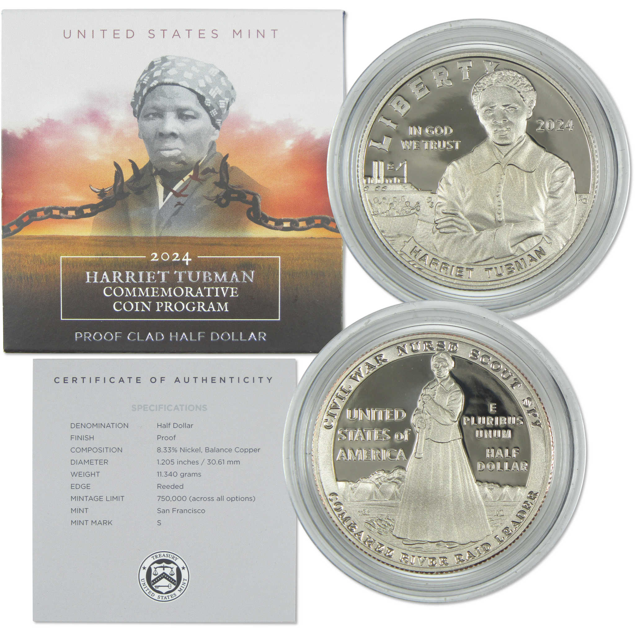 Harriet Tubman Commemorative Half Dollar 2024 S Clad 50c Proof OGP COA