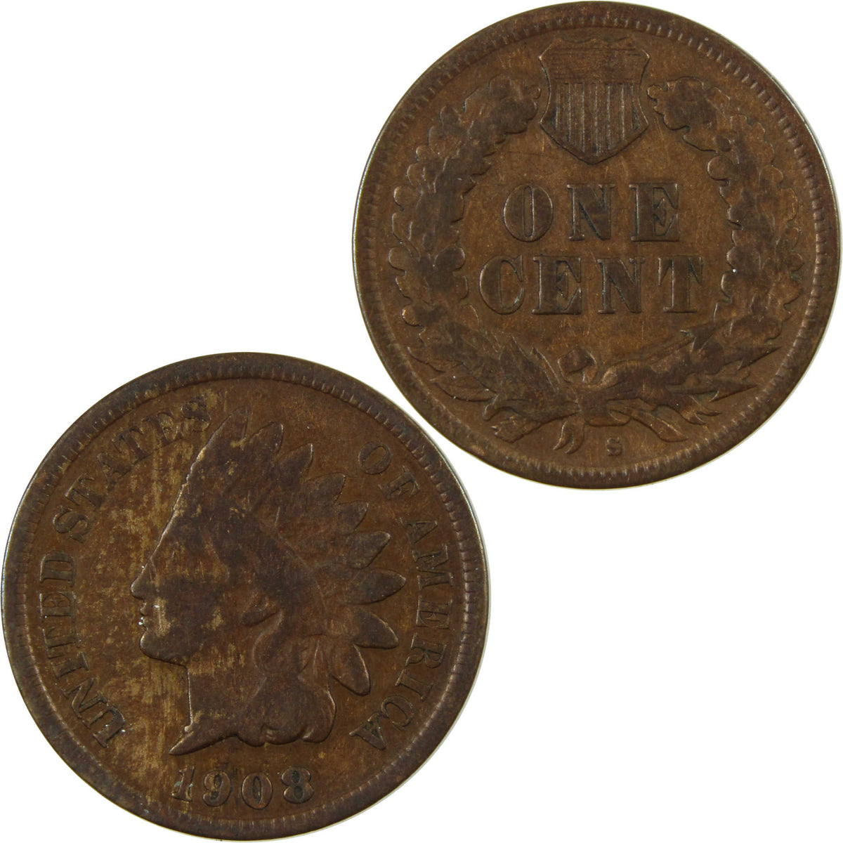 1908 S Indian Head Cent VG Very Good Details Penny 1c Coin SKU:I28620