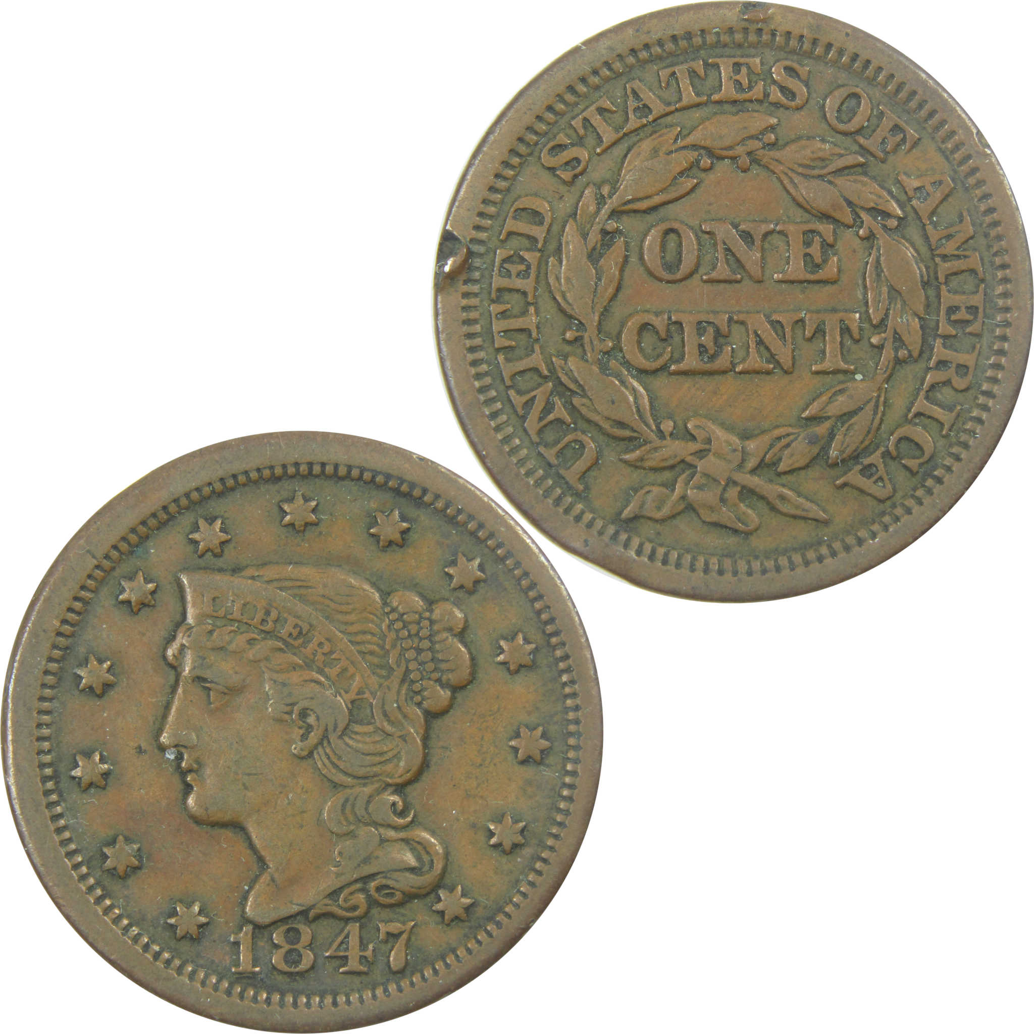 1847 Braided Hair Large Cent VF Very Fine Details Copper SKU:I16592