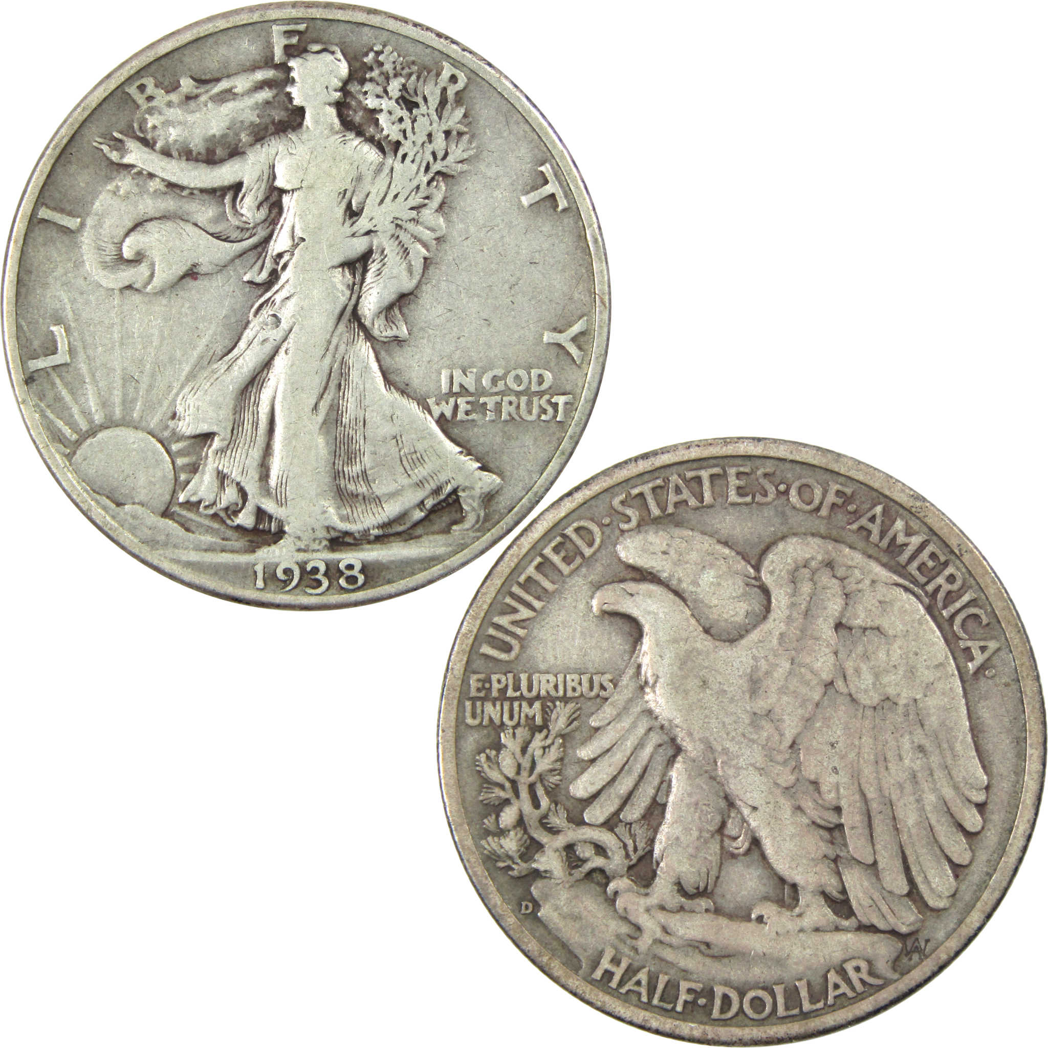 1938 D Liberty Walking Half Dollar F Fine Silver 50c Coin SKU:I13854