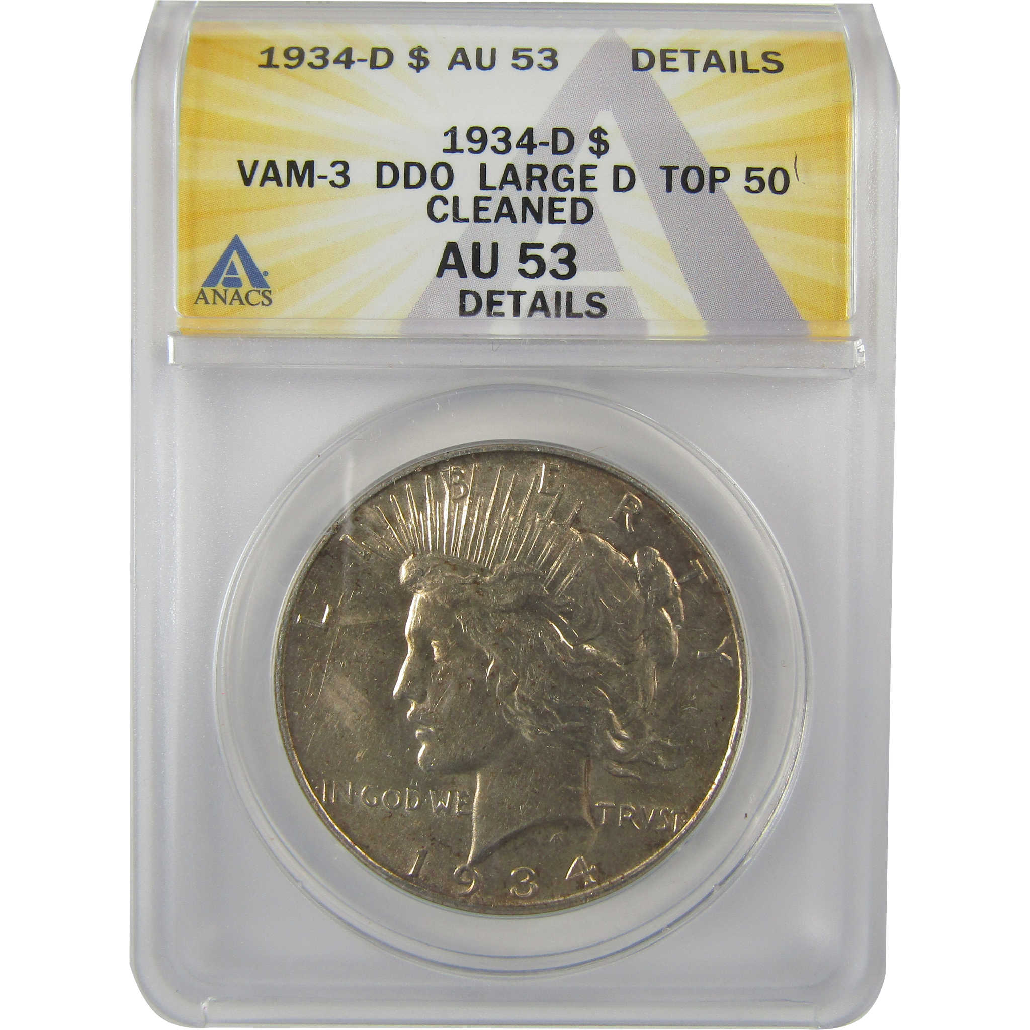 1934 D VAM-3 DDO Large D Peace Dollar AU 53 Details ANACS SKU:I21591
