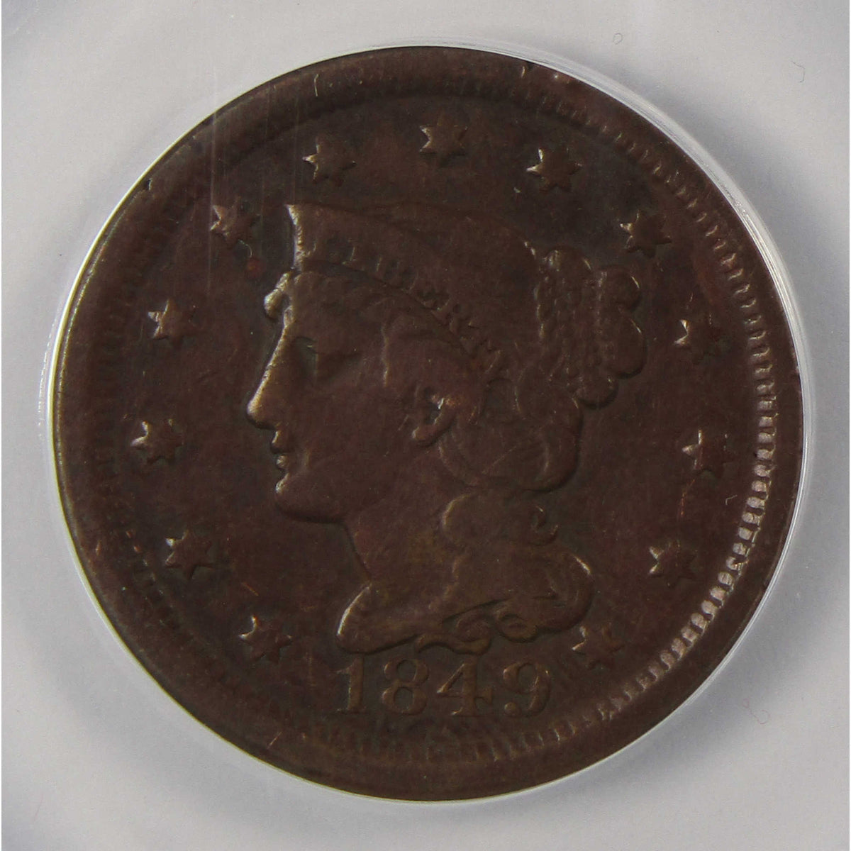 1849 Braided Hair Copper Large Cent F 15 ANACS 1c Coin SKU:I28764