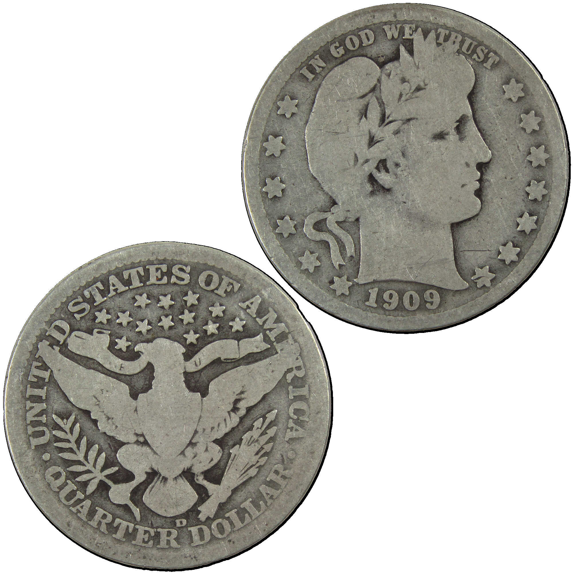 1909 D Barber Quarter G Good Silver 25c Coin SKU:I12714