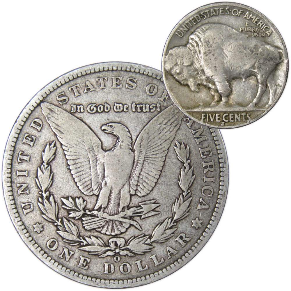 1888 O Morgan Dollar VG Very Good 90% Silver with 1930 S Buffalo Nickel F Fine - Morgan coin - Morgan silver dollar - Morgan silver dollar for sale - Profile Coins &amp; Collectibles