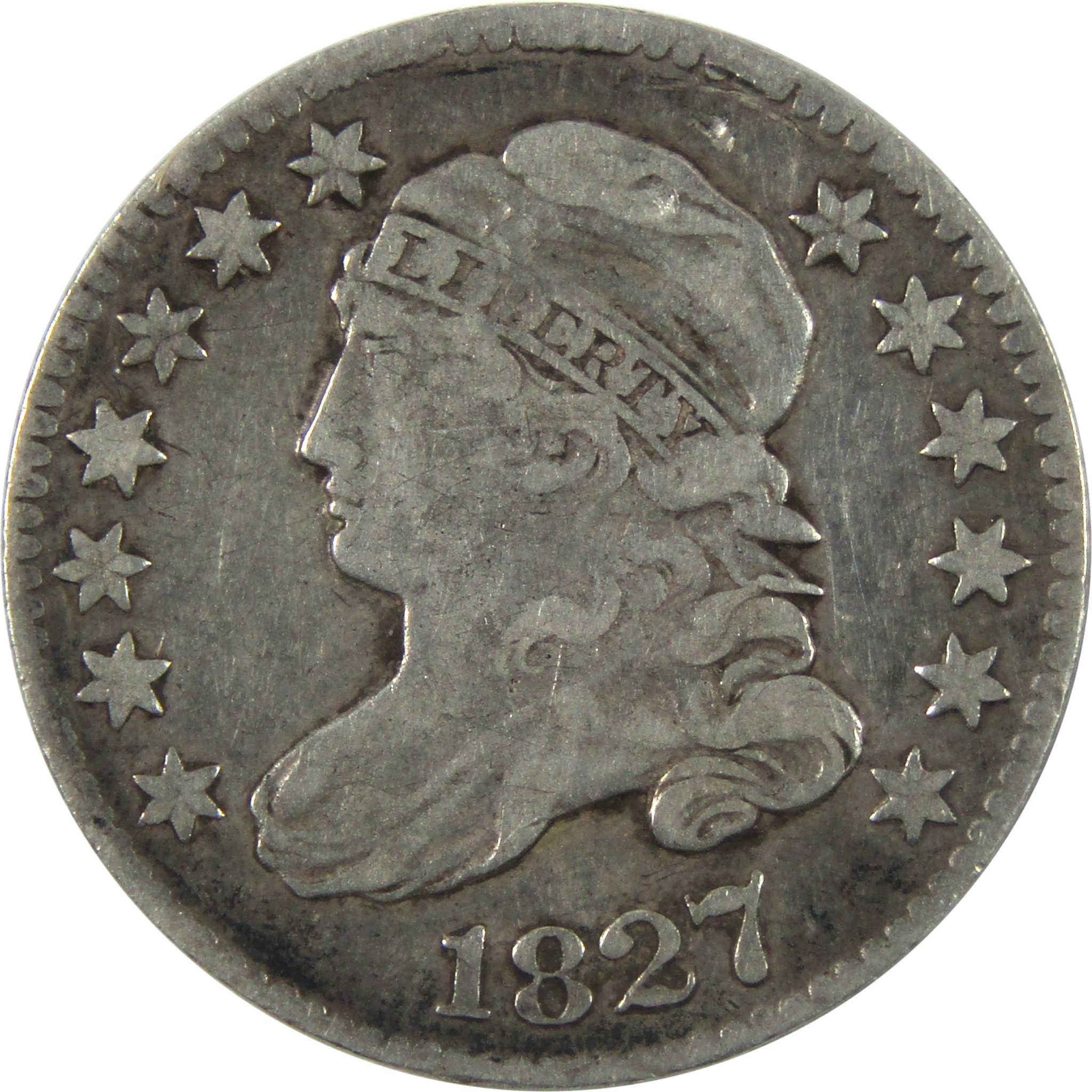 1827 Pointed Top Capped Bust Dime F Fine Silver 10c Coin SKU:I14914