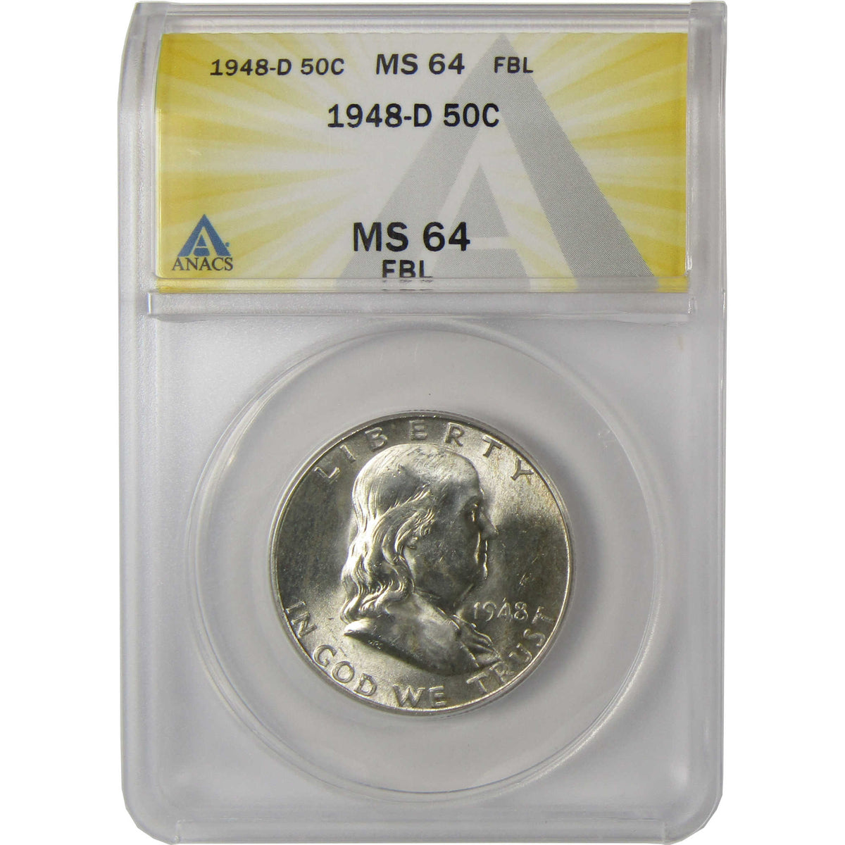 1948 D Franklin Silver Half Dollar MS 64 FBL ANACS 50c Coin SKU:I28776