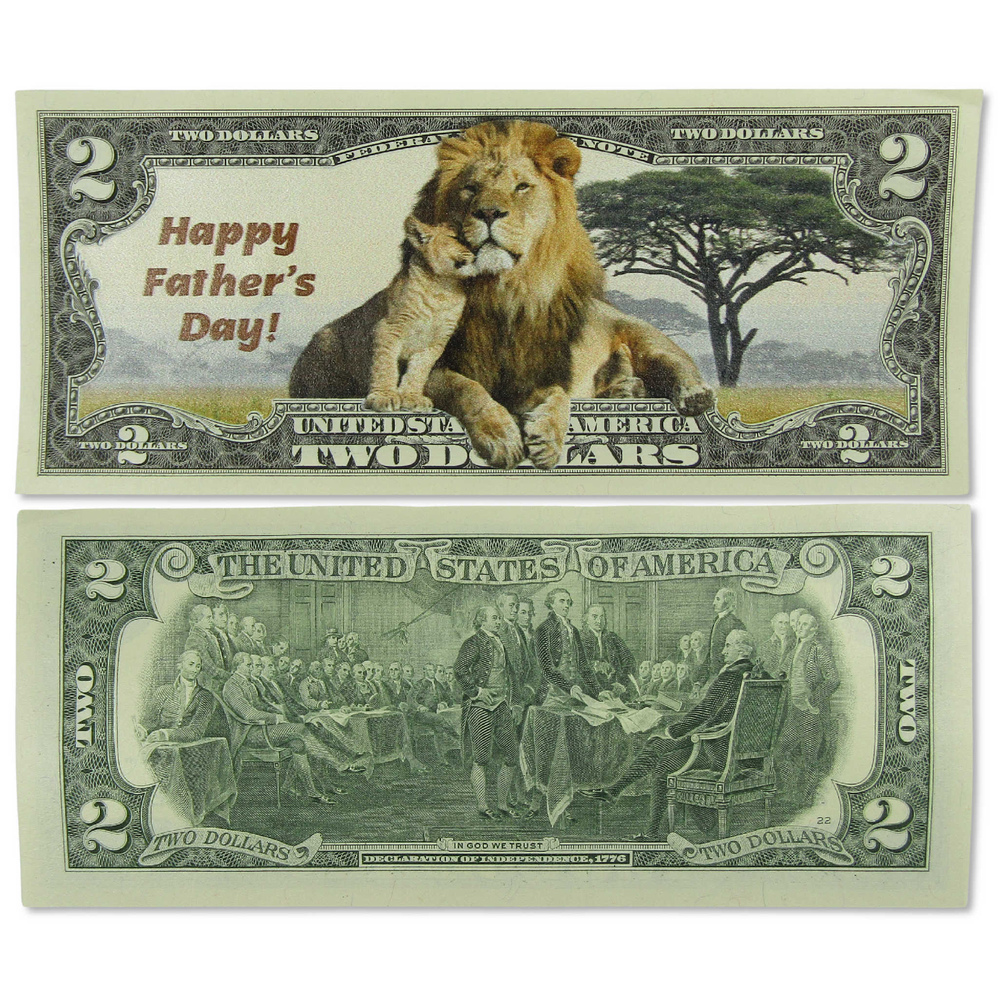Happy Father's Day Lion with Cub Colorized $2 Federal Reserve Note