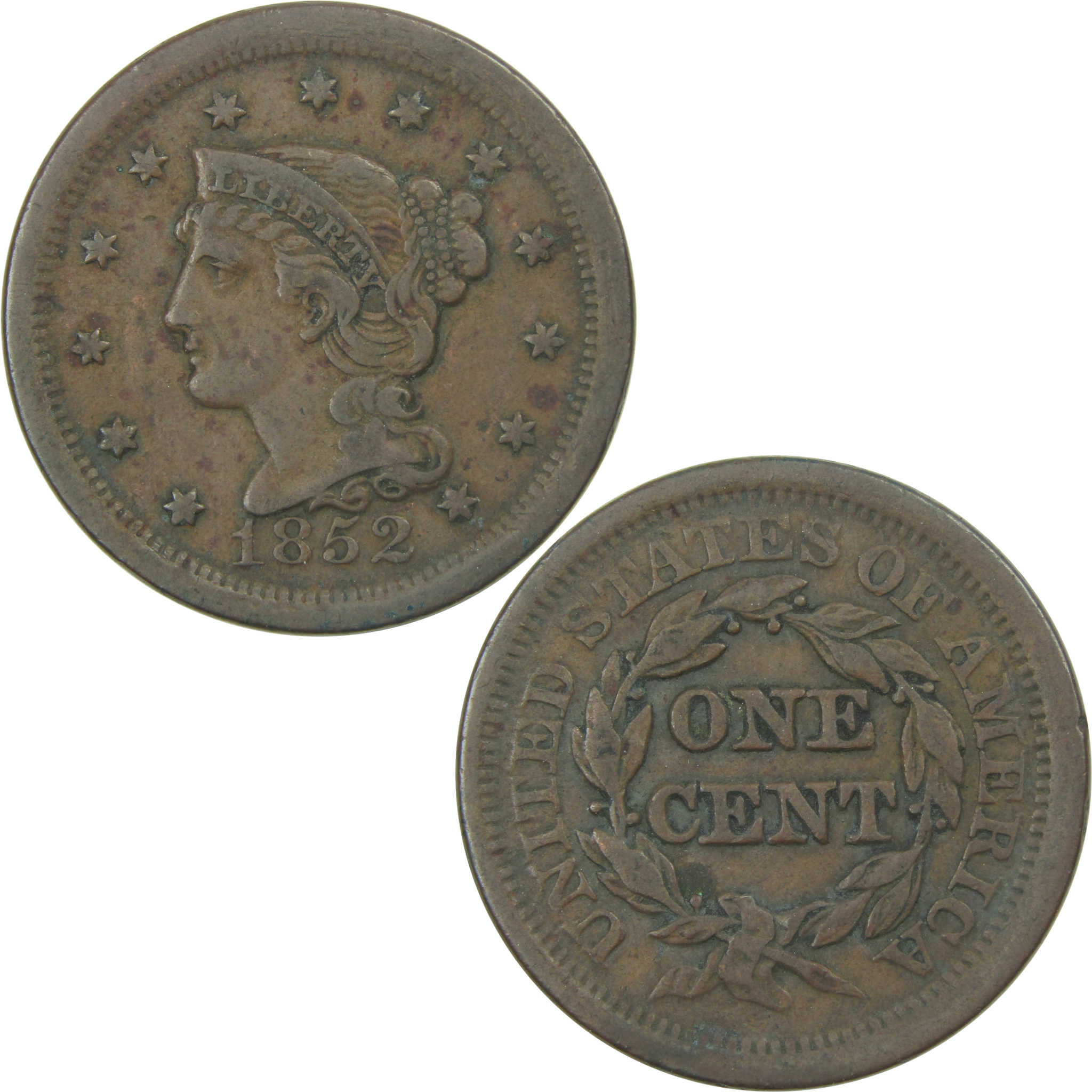 1852 Braided Hair Large Cent F Fine Copper Penny 1c Coin SKU:I15244