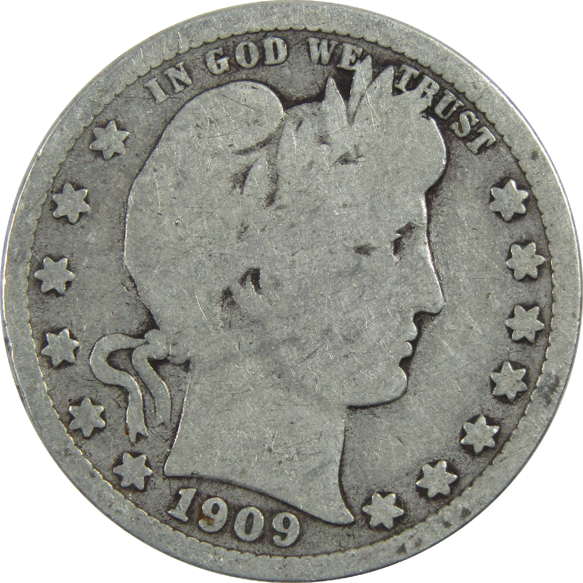 1909 D Barber Quarter G Good Silver 25c Coin SKU:I13177