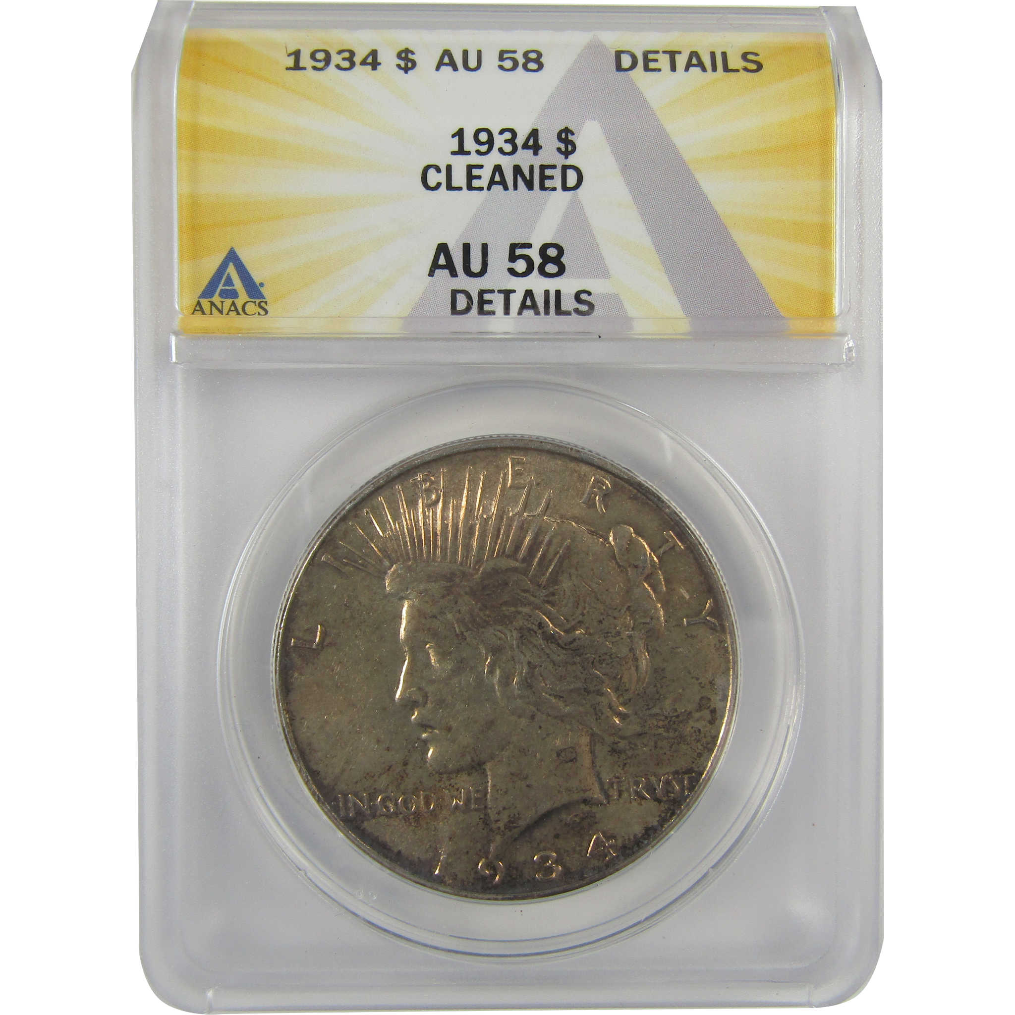 1934 Peace Dollar AU 58 Details ANACS Silver $1 Coin SKU:I21548