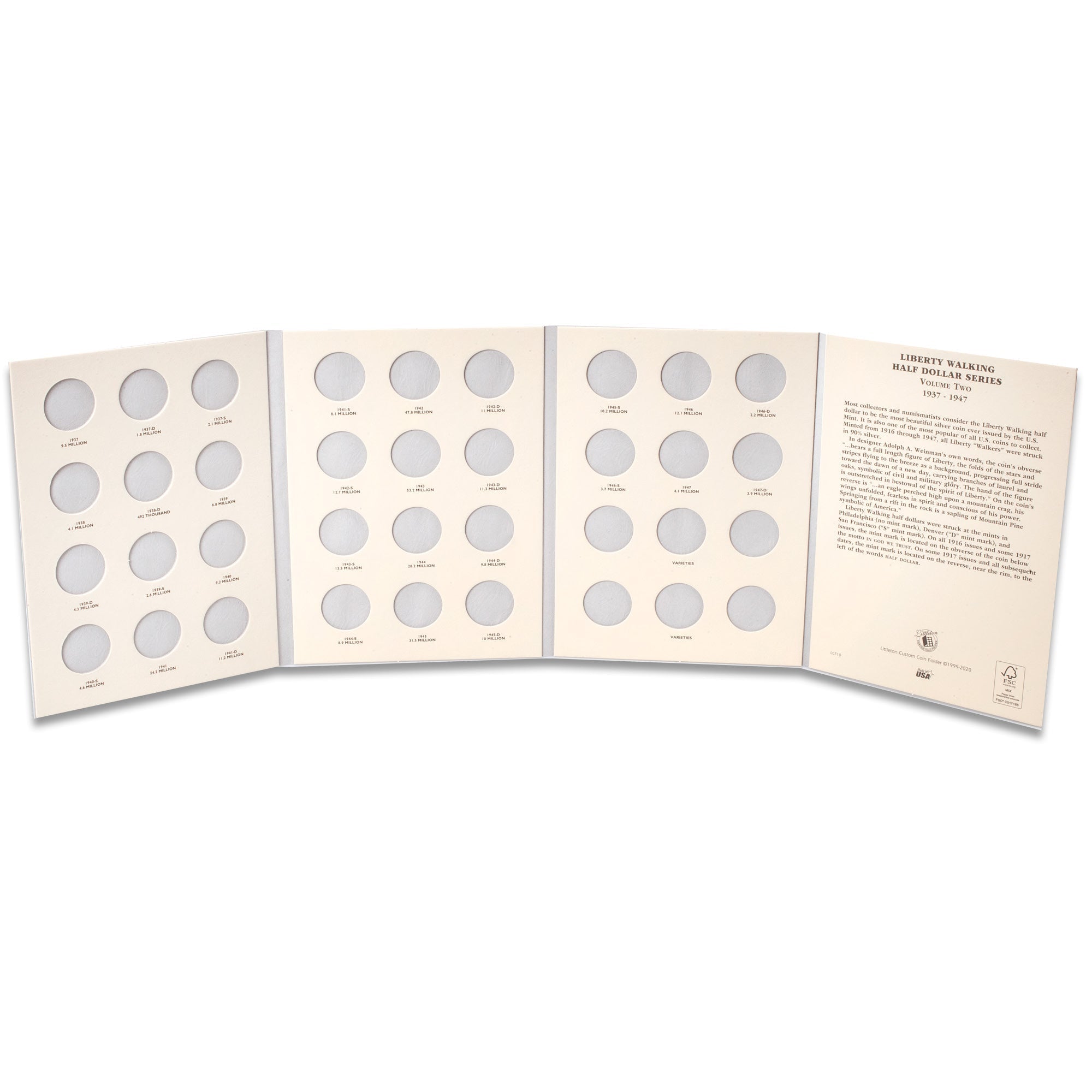 1937-1947 Liberty Walking Half Dollar Folder Volume 2 Littleton Coin
