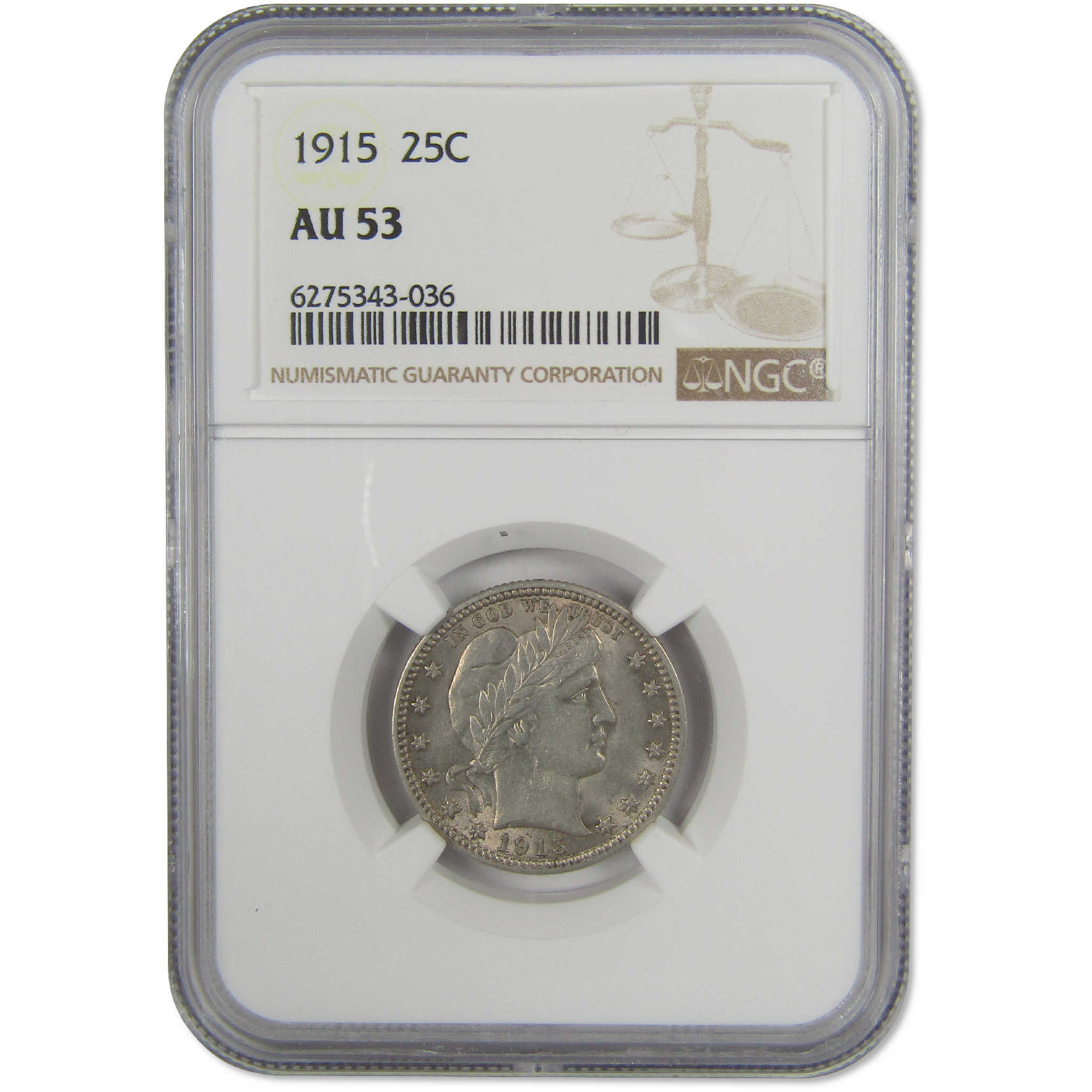 1915 Barber Quarter AU 53 NGC Silver 25c Coin