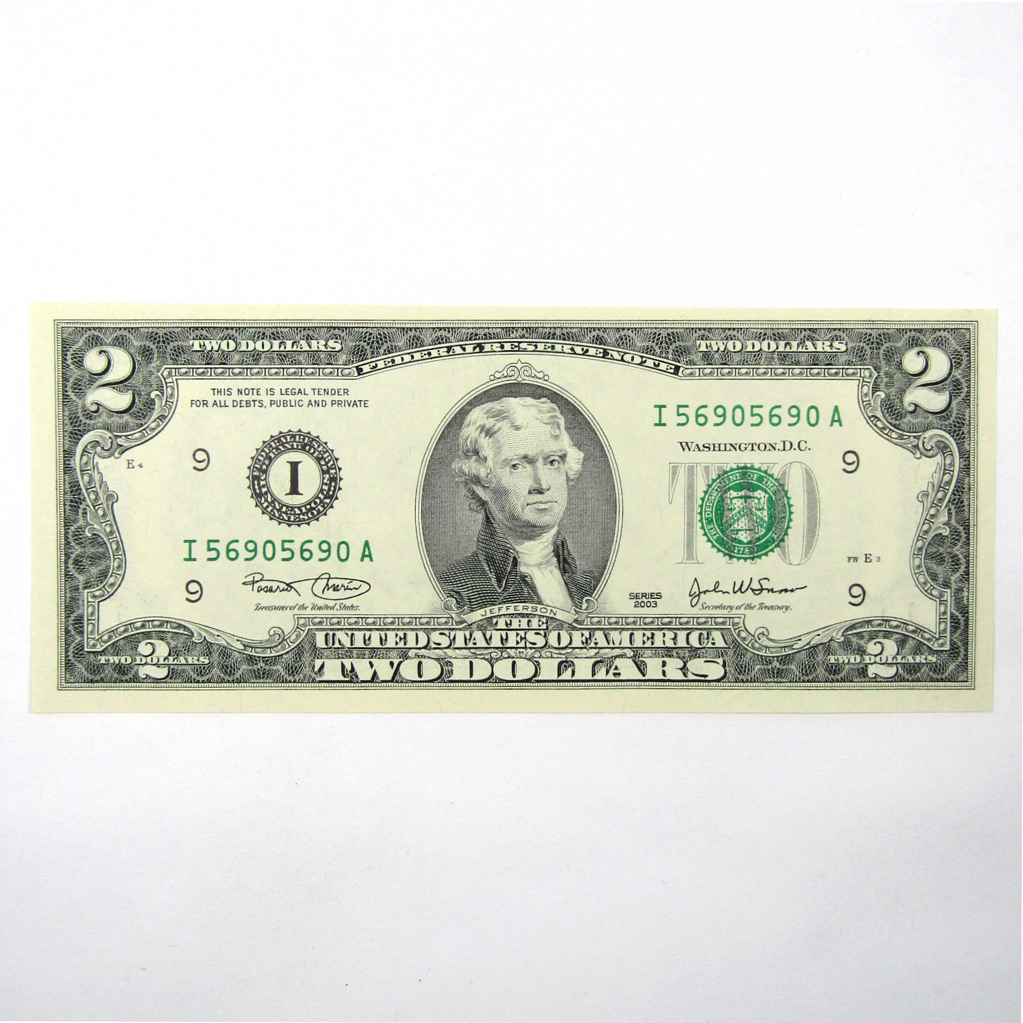 2003 $2 Federal Reserve Note Minneapolis MN Repeater Note SKU:I14114