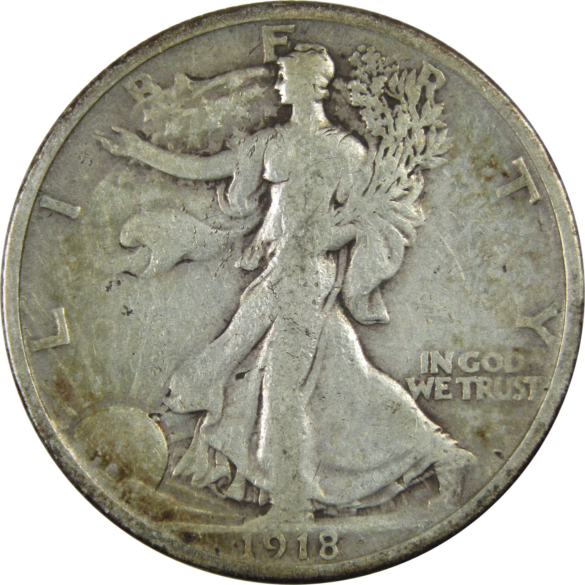 1918 Liberty Walking Half Dollar F Fine Silver 50c Coin SKU:I13041